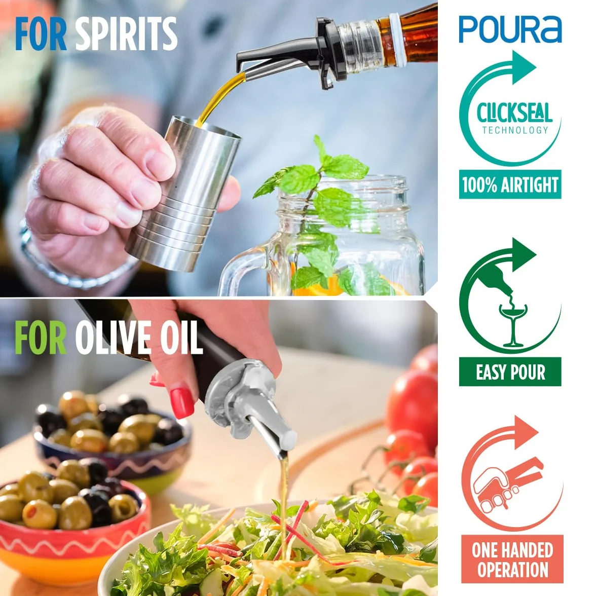 Poura Versatore rapido per vino ClickSeal in gomma naturale senza BPA - Nero - Confezione da 2