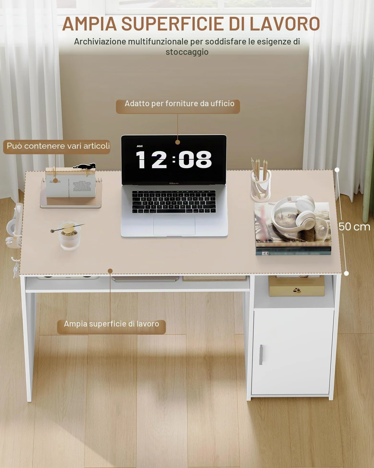 Hzuaneri Scrivania per Computer, Scrivania Ufficio con Ripiani, Tavolo Moderno con Deposito, per Studio, Ufficio, Camera da Letto, 50 x 108 x 75 cm, Bianco CD10103X