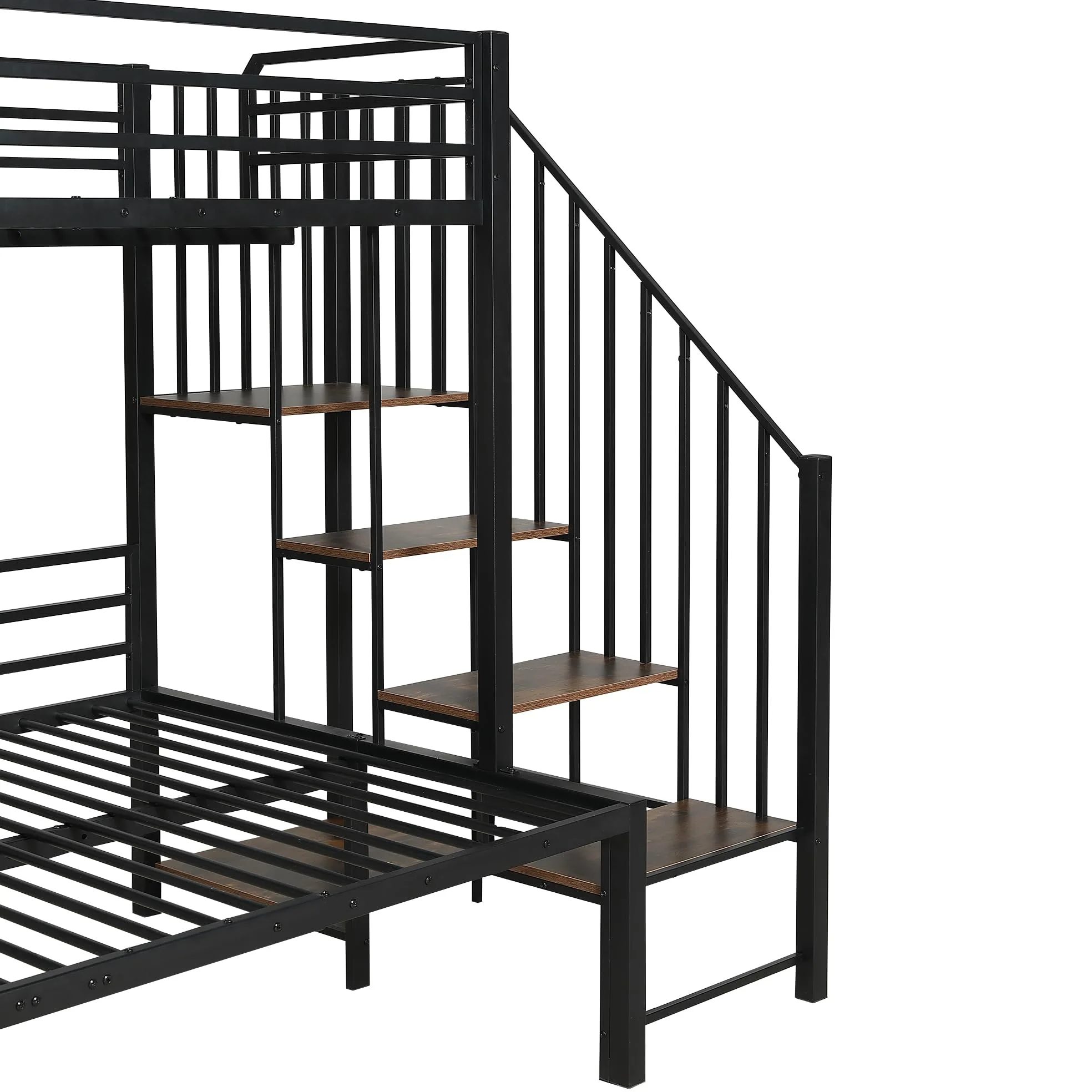 Idemon Letto in ferro a castello, cabina angolare, vano portaoggetti, MDF, nero+legno vintage, 90x200 cm e 120x200 cm