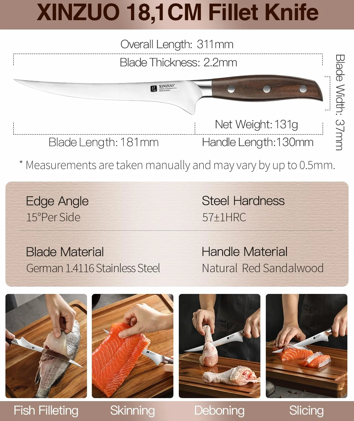 XINZUO 18,1cm Coltello per Sfilettare Acciaio Inossidabile 1.4116 - Coltello da Filetto Cucina Disossare Pesce e Carne - Manico in Red Sandalwood