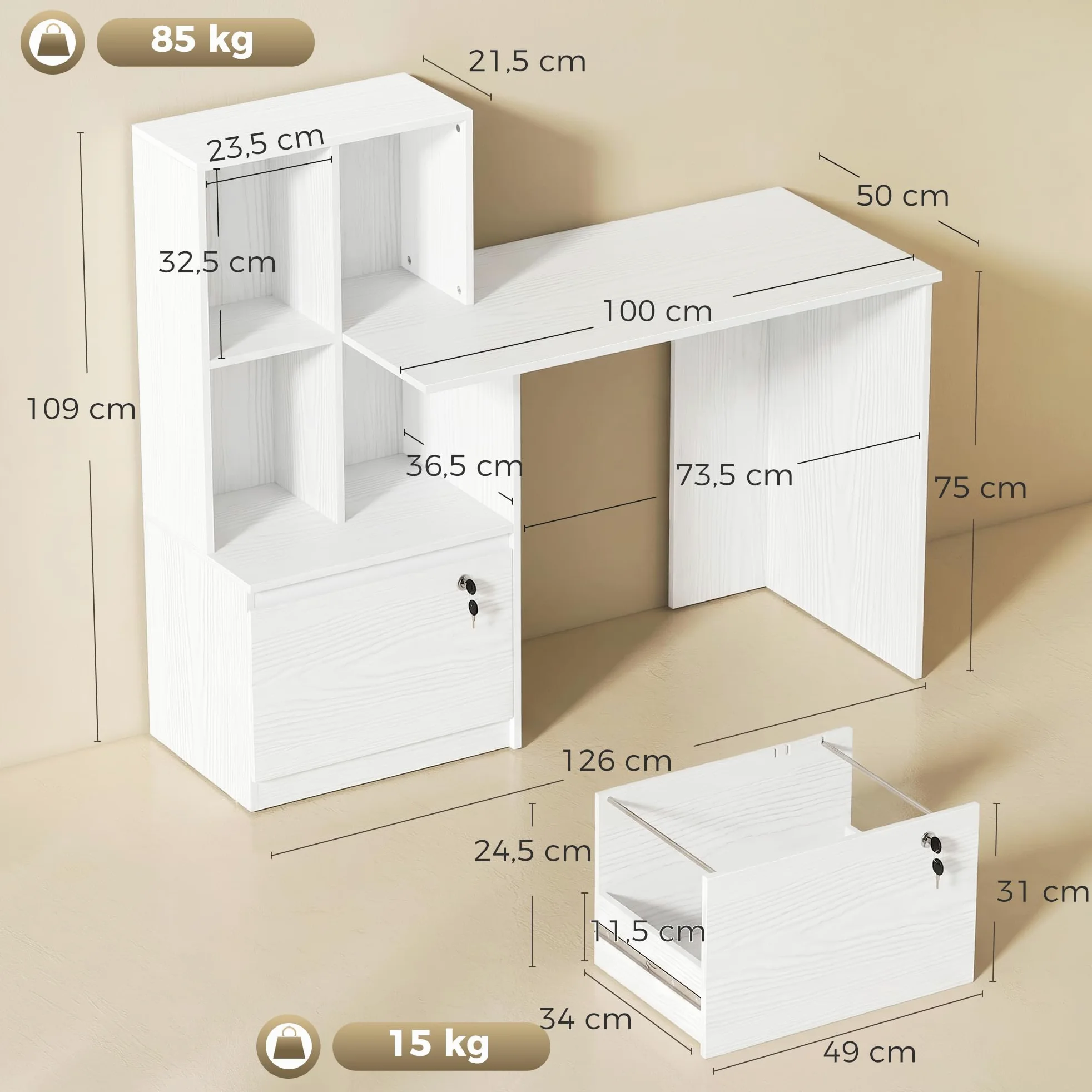 HOMCOM Scrivania 126 cm con cassetti bloccabili, grana del legno bianca | Scrivania per home office, libreria, scrivania, per camera da letto, studio