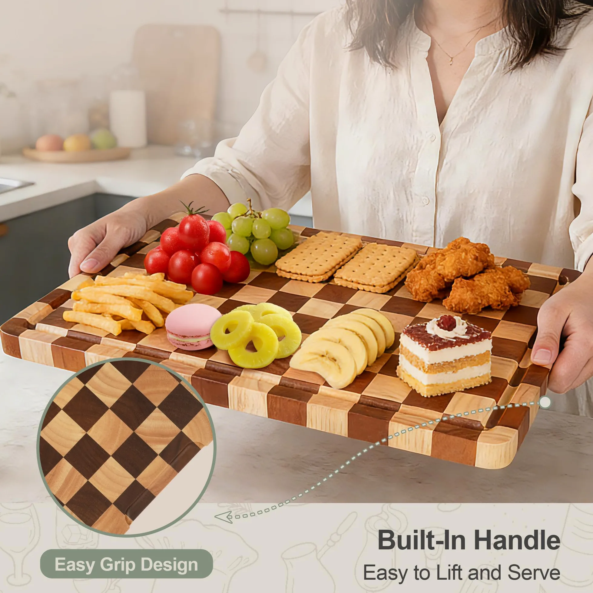 Set di 3 Taglieri a Scacchi in Legno con Supporto, Scanalatura per Succo e Manico per Carne, Verdure, Formaggio e Servire