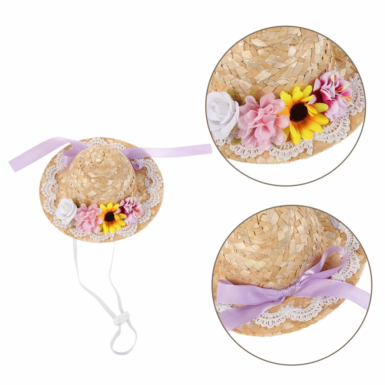 Mini Cappello di Paglia con Fiocco Viola per Bambole, Piccolo Cappello Artigianale Estivo in Paglia per Decorazioni Fai-da-te e Collezionisti, Accessorio Creativo per Feste