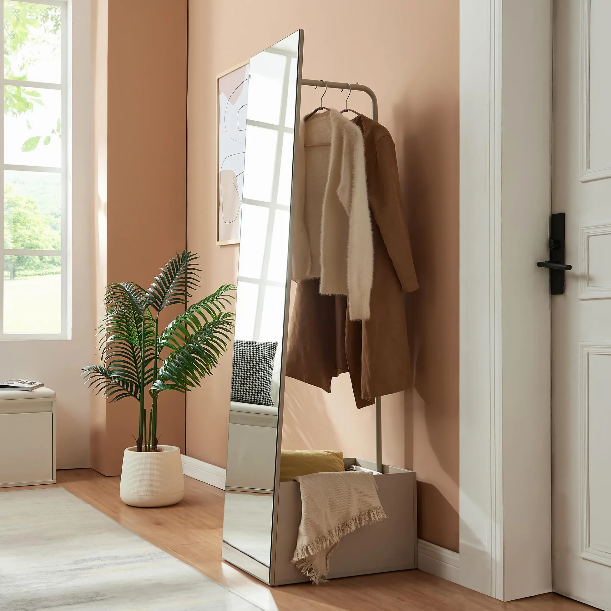 [en.casa] Specchio a Figura Intera con Stand Barra Appendiabiti Specchio Rettangolare da Terra e Vano Porta Oggetti Vestiti per Ingresso Camera da Letto Guardaroba 165x40x51 cm - Avena Oatmeal