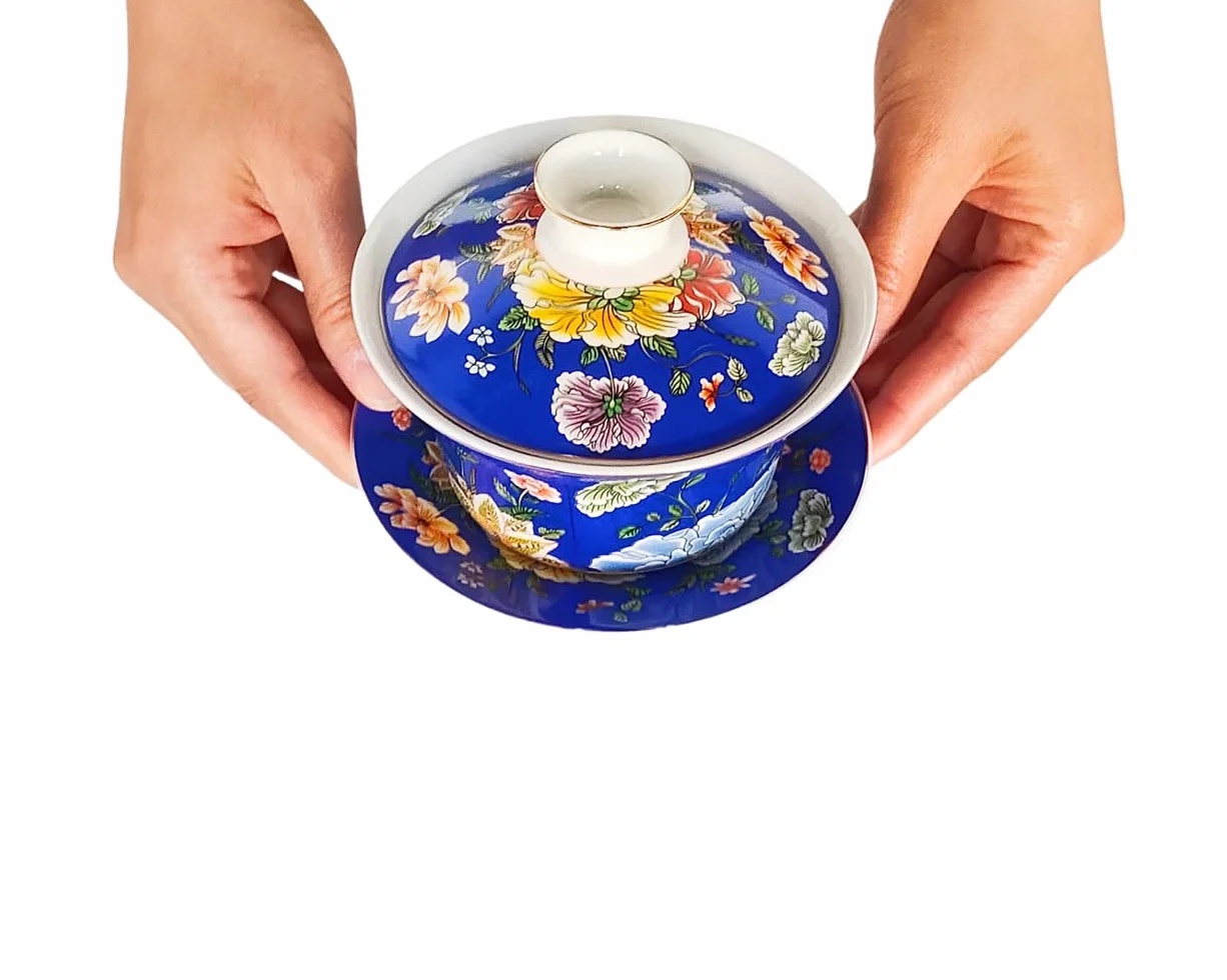 Porcellana Gaiwan Tazza da Tè Cinese con Coperchio e Piattino, Blu Fiori, 300 ml, Set Tè o Caffè