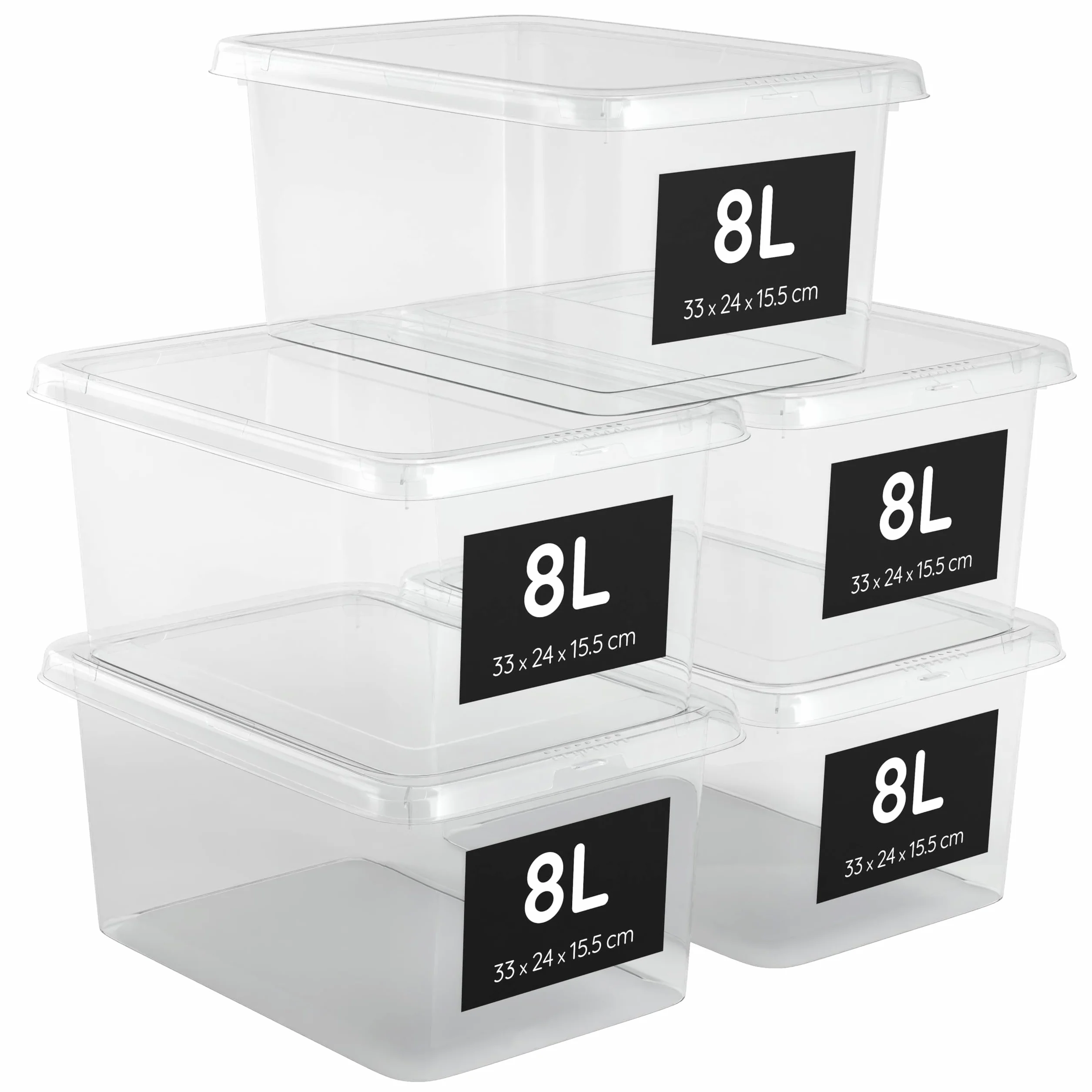 Scatole Plastica 8L con Coperchio Set 5 Portaoggetti Impilabili Trasparenti 33x24x15,5cm Bagno Garage Ufficio