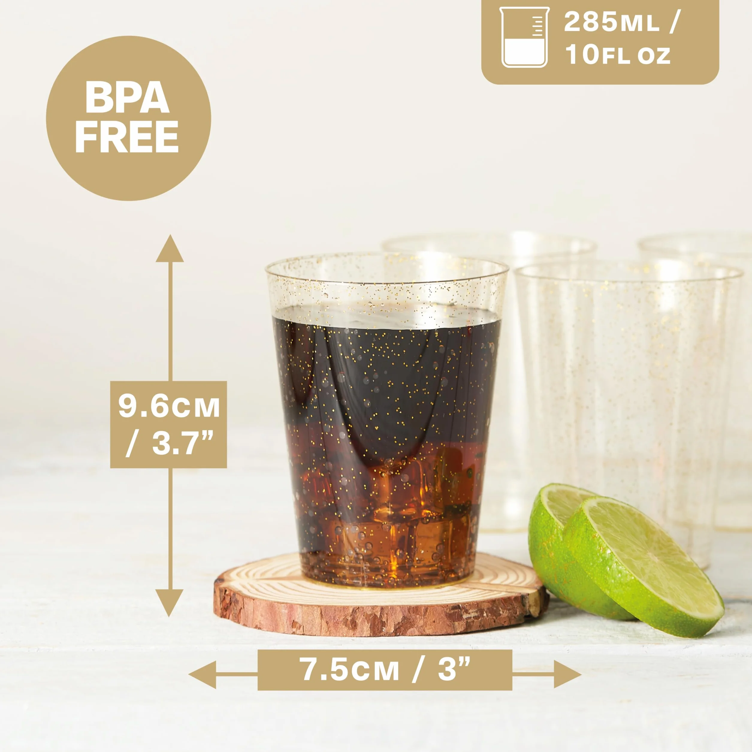Matana 150 Bicchieri di Plastica Rigida Lavabili con Glitter Dorati 285ml 10oz per Bevande Cocktail Feste