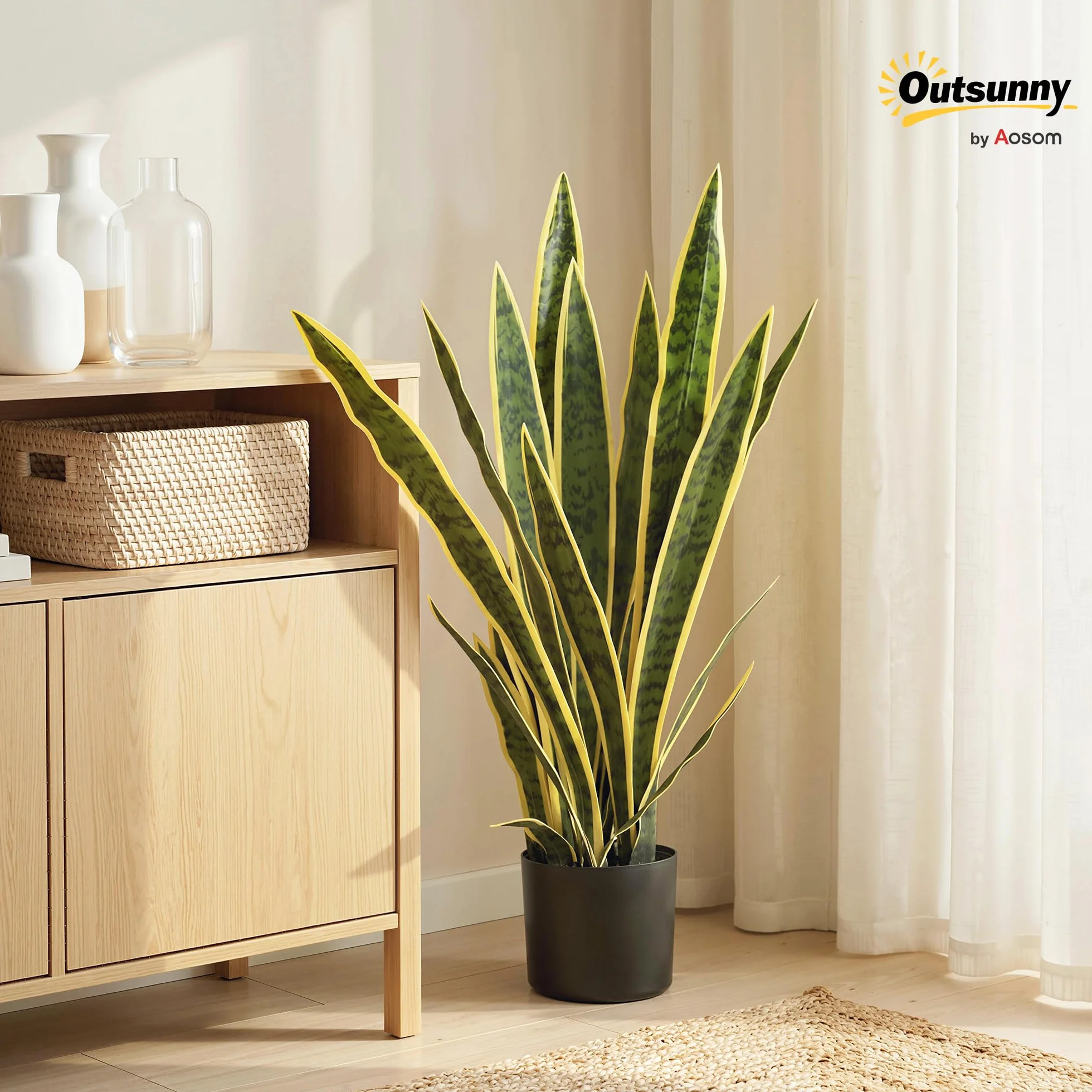 Outsunny Sanseveria Artificiale in Vaso, Pianta Finta da Esterno e Interno con 21 Foglie Modellabili, per Interno ed Esterno, Giardino, Ufficio, Soggiorno, Ø15x77 cm