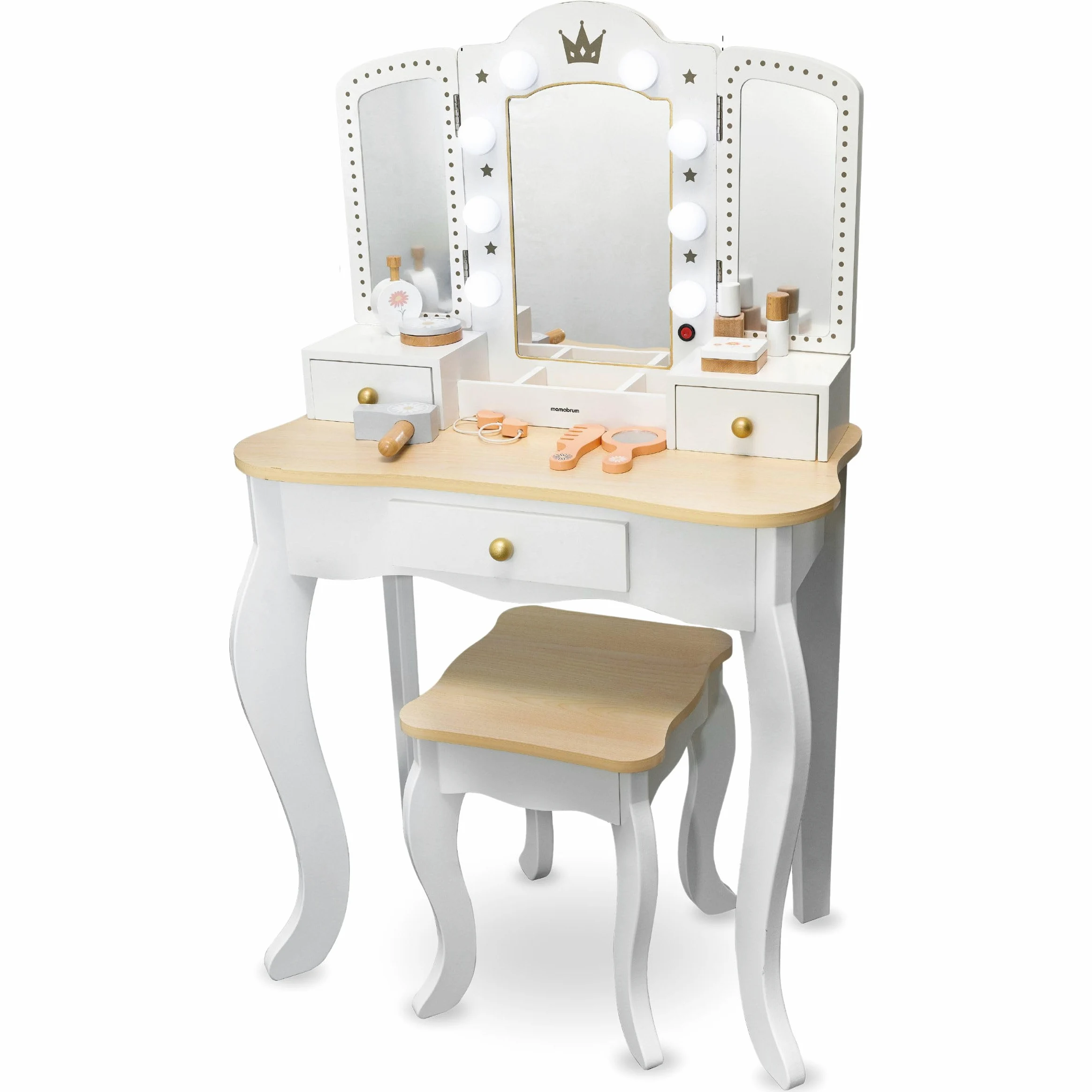 mamabrum Tavolo da Toeletta per Bambini XXL in Legno con Sgabello & Specchio LED – Coiffeuse con Cassetto e Accessori – Scrivania 2-in-1 per Bambine dai 3 Anni
