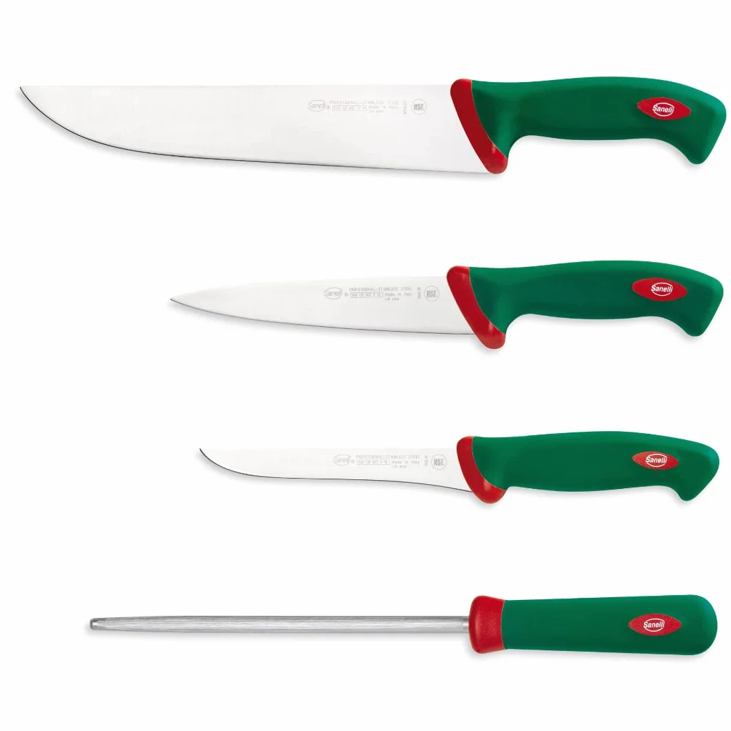 Sanelli linea Premana Professional, Set coltelli Macellaio, Rotolo cuoco, Nero/Verde/Rosso