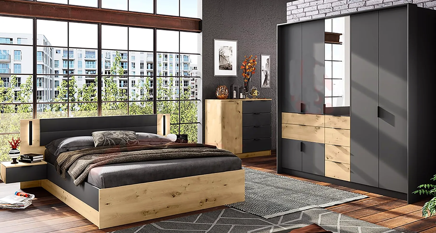 Camera Matrimoniale con Armadio ad Ante Battenti Letto 160x200cm Contenitore con Comodini Integrati e Cassettiera Set Arredo Moderno Rovere ed Antracite CDLI30 (Letto + rete)