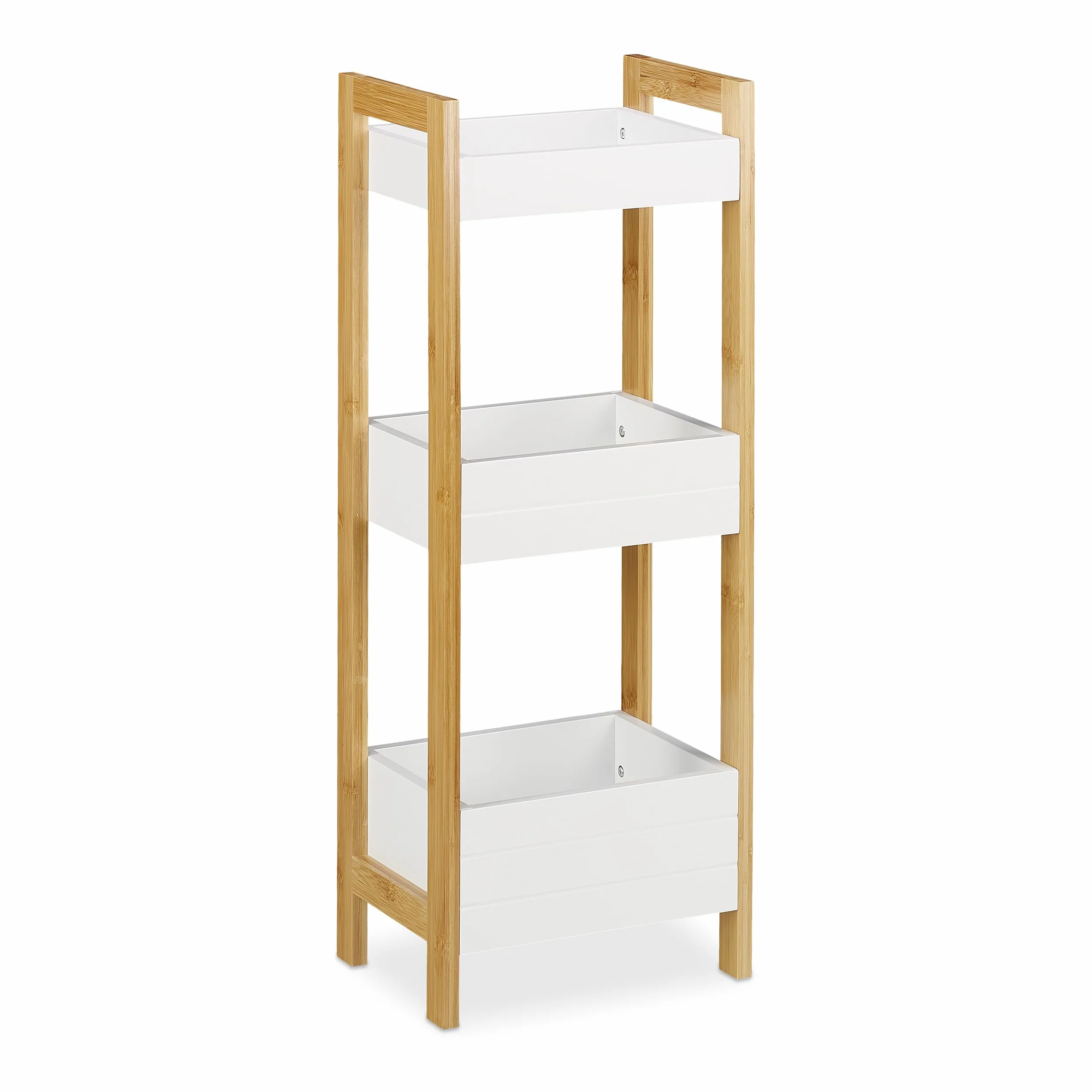 Relaxdays Scaffale Bagno a Colonna con 3 Cesti 74,5x28x20 cm Bambù MDF Naturale Bianco
