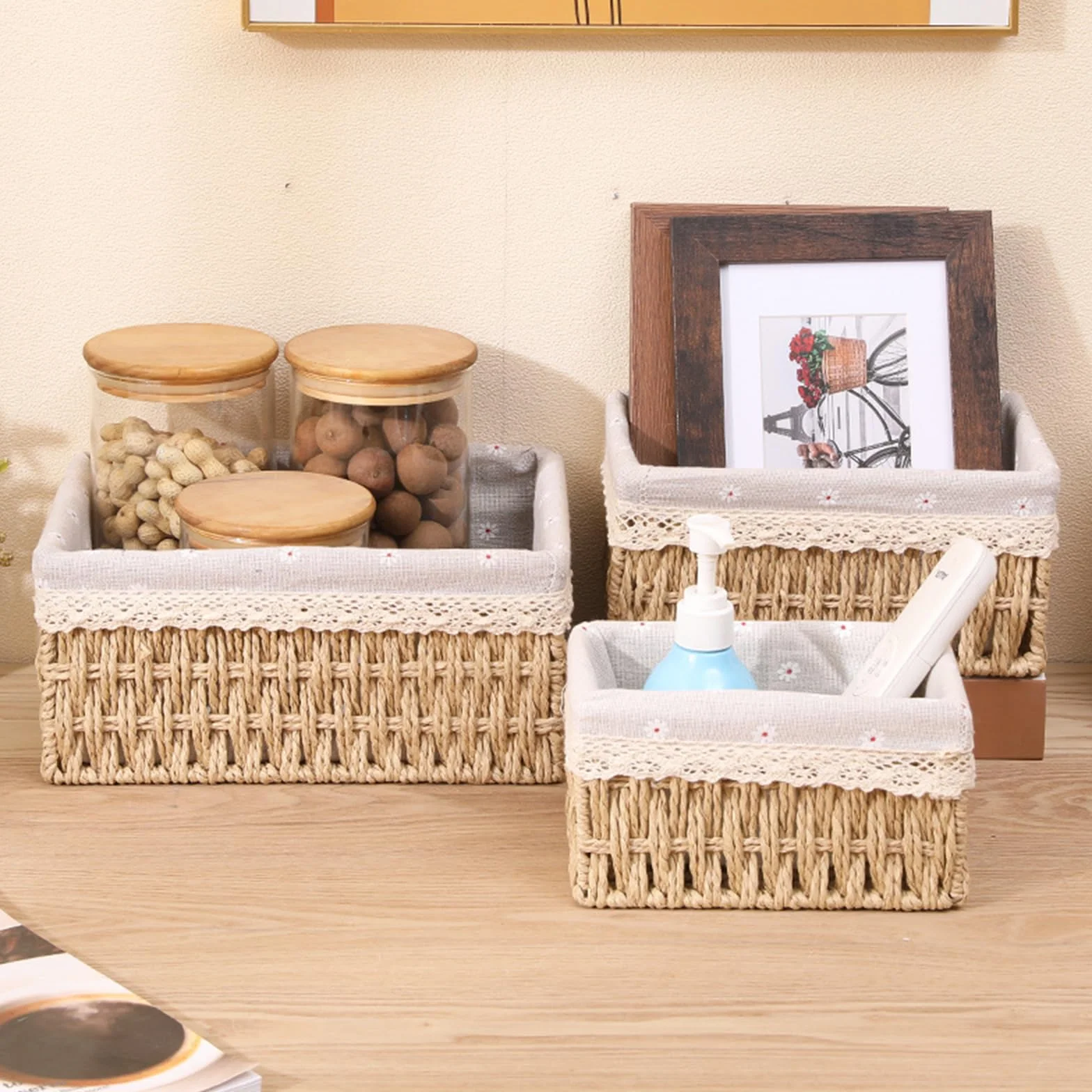 Cestini Portaoggetti Intrecciati a Mano con Coperchio - Corde di Carta Riciclata, Fodera Lavabile - Organizer Multifunzione per Bambini, Bagno, Cucina - Stile Boho Decor (Beige)