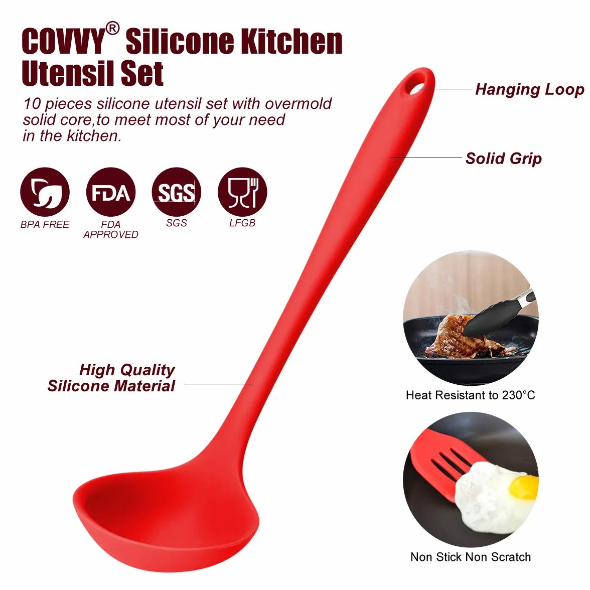 Utensili da cucina in silicone domestici di Lysport (10 pezzi) Utensili di cottura e cottura resistenti al calore Non Stick - Non Scratch Utensili da cucina Cucina buona Helper (Rosso)