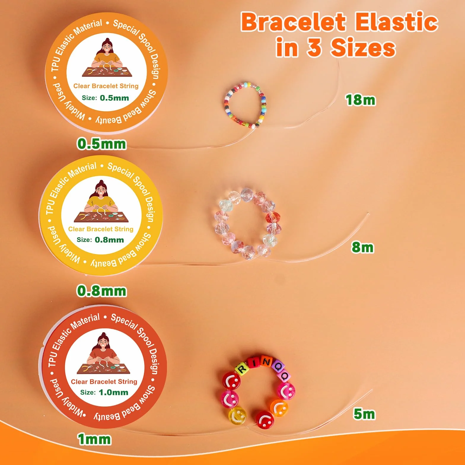Filo Elastico per Braccialetti Trasparente 0.5mm 0.8mm 1mm 6 Pz per Gioielli DIY