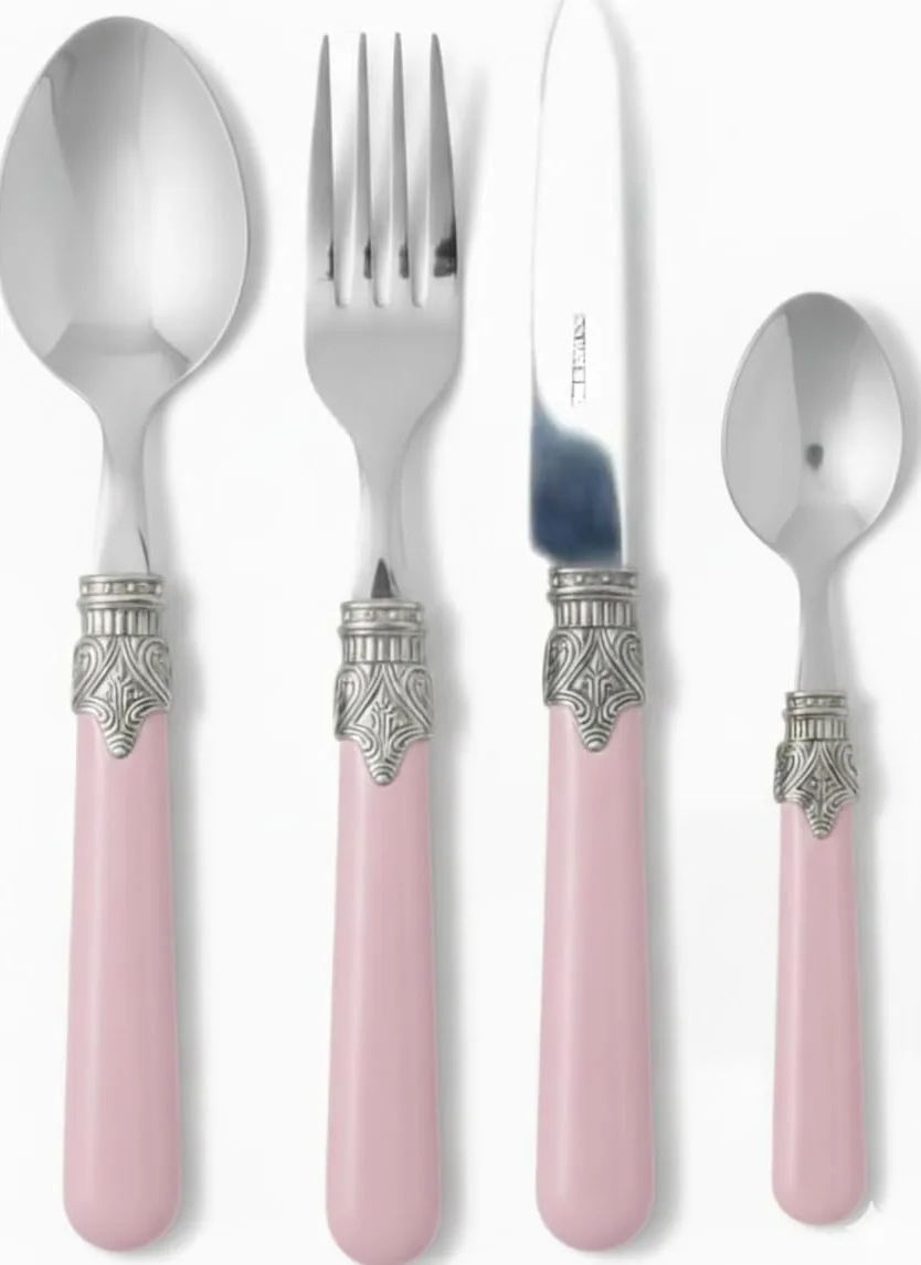 MODALYSSA Set Posate 16 Pezzi Rosa Cipria Made in Italy, Acciaio Inox 18/10 Ghiera Anticata, Servizio per 4 Persone, Design Shabby Chic, Vintage, Provenzale e Romantico, Matrimoni e Regalo.