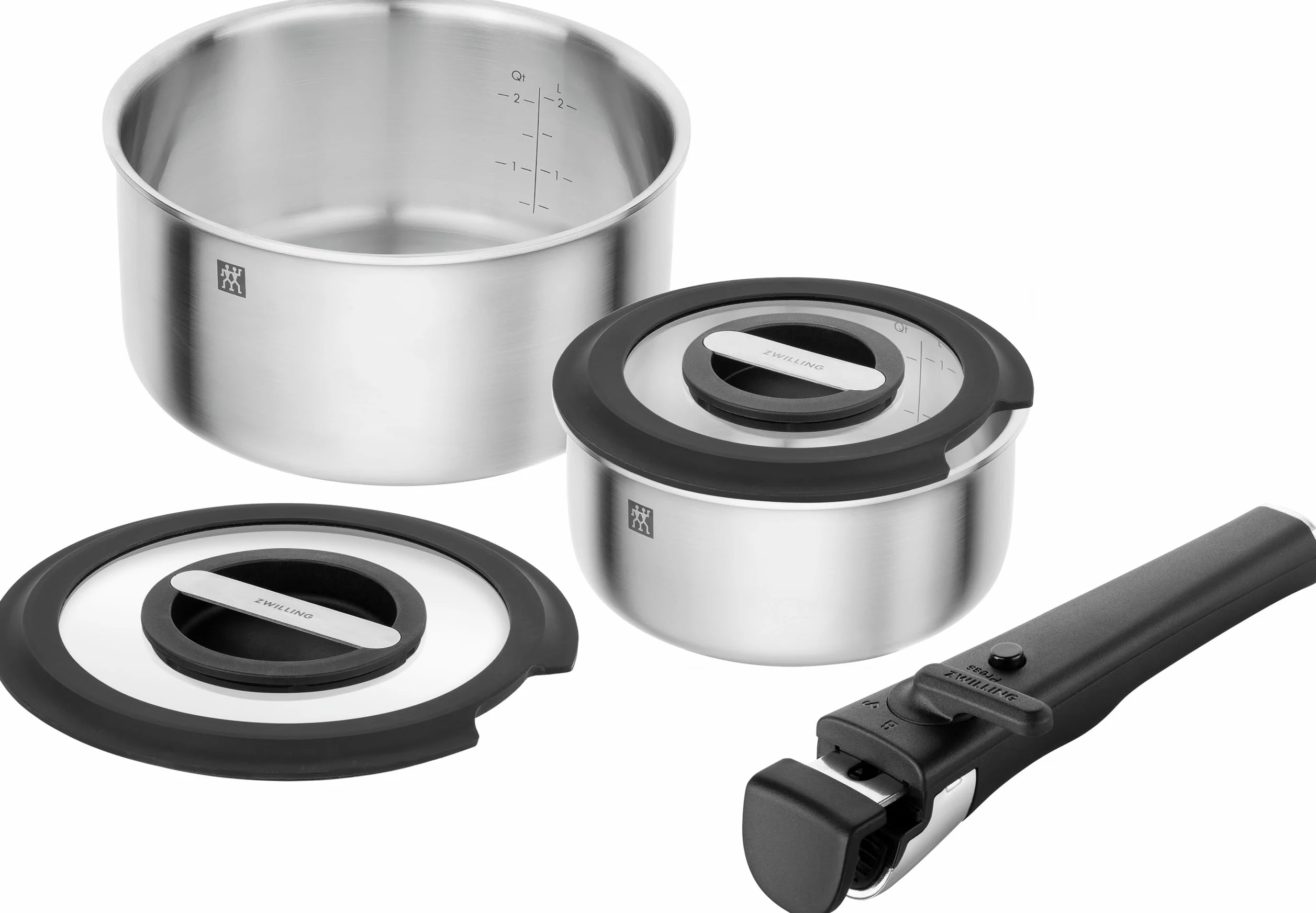 ZWILLING Unlock Set di 5 pentole (pentola 20 cm + 16 cm, manico rimovibile, 2 coperchi in vetro), impilabile, in acciaio Inox, per tutti i tipi di piano cottura, adatto a induzione