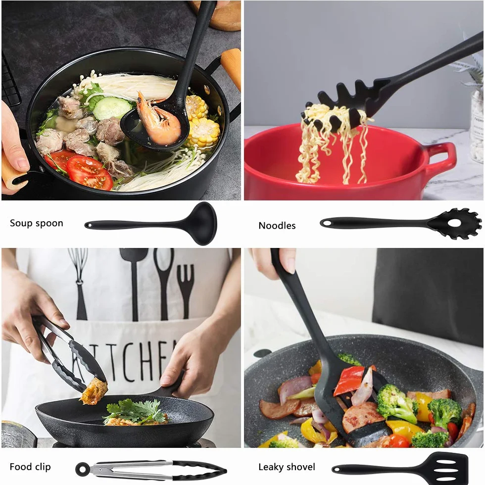 Utensili da Cucina in Silicone -10 Pezzi, Utensili da Cucina Resistenti al Calore Antiaderenti da Cucina(Spatola, Cucchiaio Scanalato, Forchetta per Pasta, Paletta, Pinza, Frusta, Pennello)