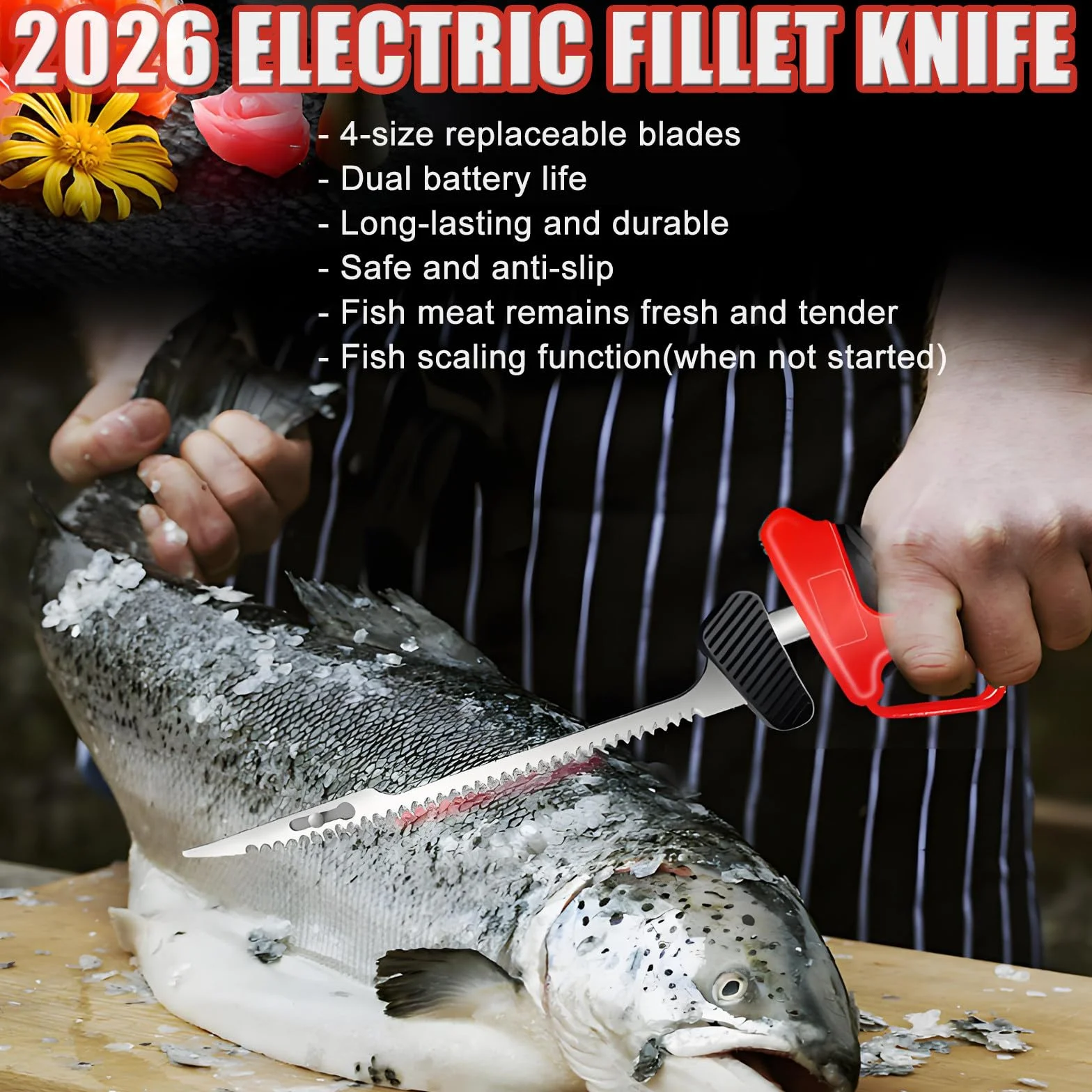 Coltello Elettrico Cordless Professionale per Filetti/Ossa Piccole - Sega Alternativa per Filetti di Pesce/Carne, Ricaricabile, per Campeggio E Pesca, con 4 Lame, 2 Batterie da 2000 mAh