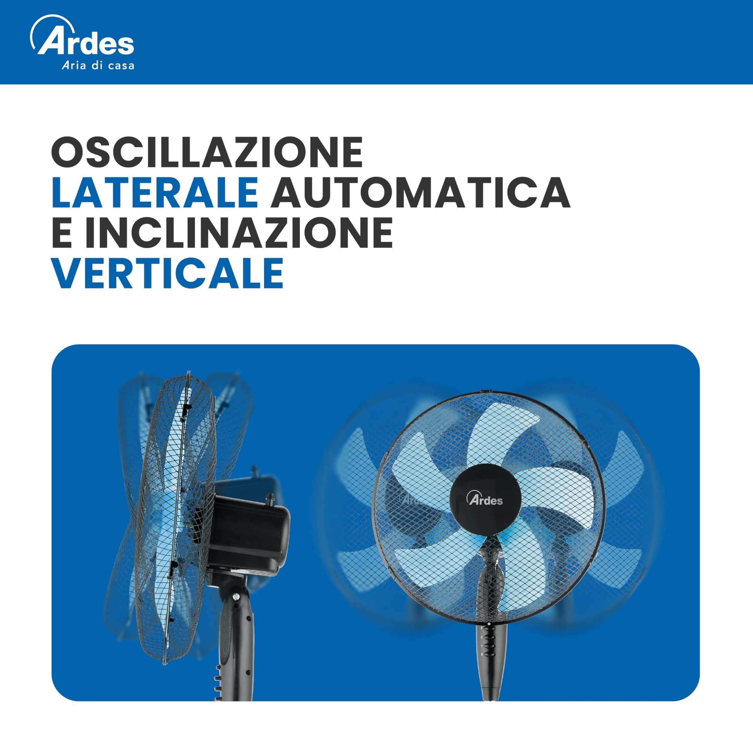 Ardes STEELO 40PN Ventilatore a Piantana 50W 40 cm con Oscillazione Automatica, Altezza e Inclinazione Regolabile, 3 Velocità, Design Total Black e 5 Pale
