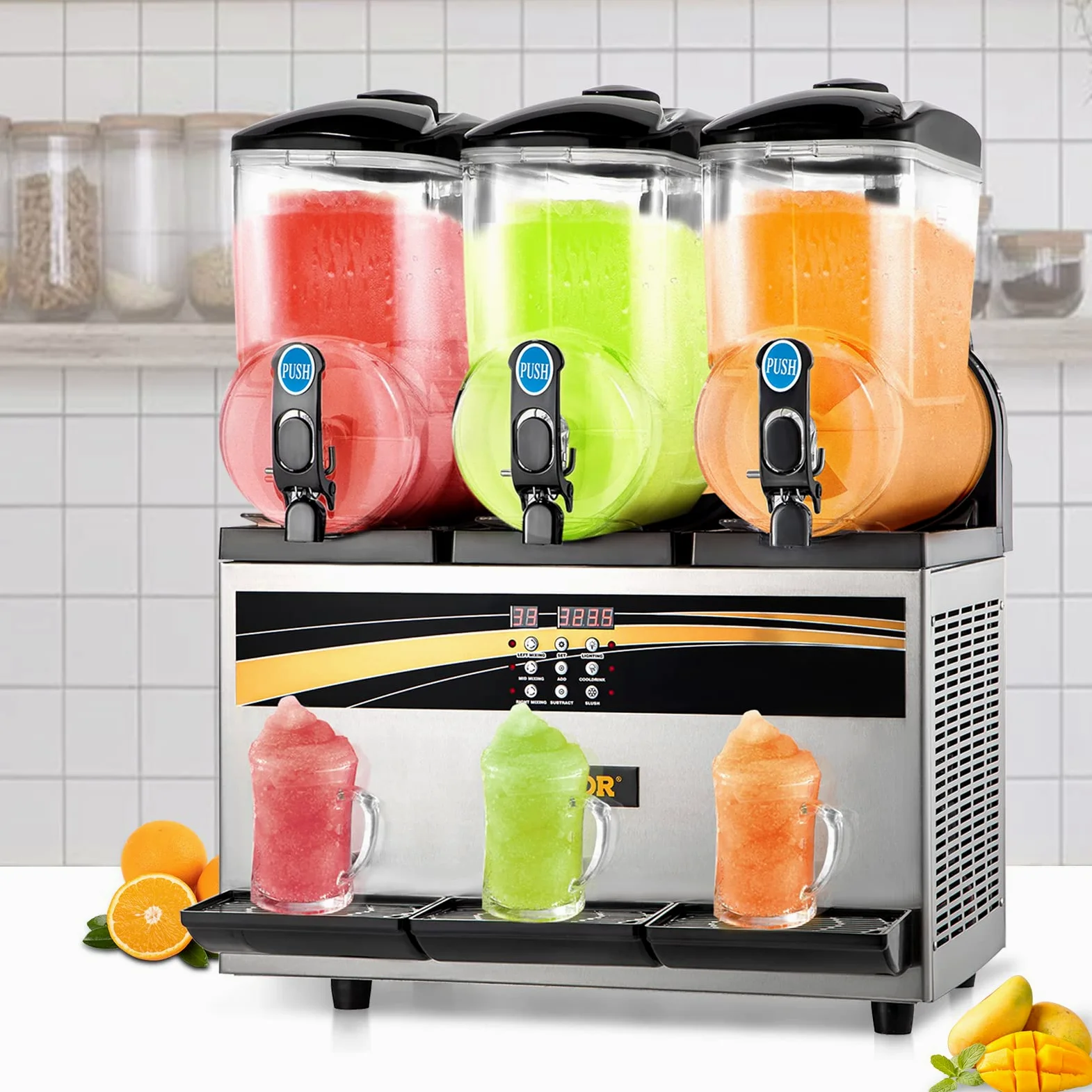 VEVOR Macchina per Granita Sorbetto Elettrica in Acciaio Inox 45L Uso Commerciale, Granitore Sorbettiera Elettrico Commerciale Bevande Fredde, Macchina per Granita Crema Caffè con 3 Vasche da Banco