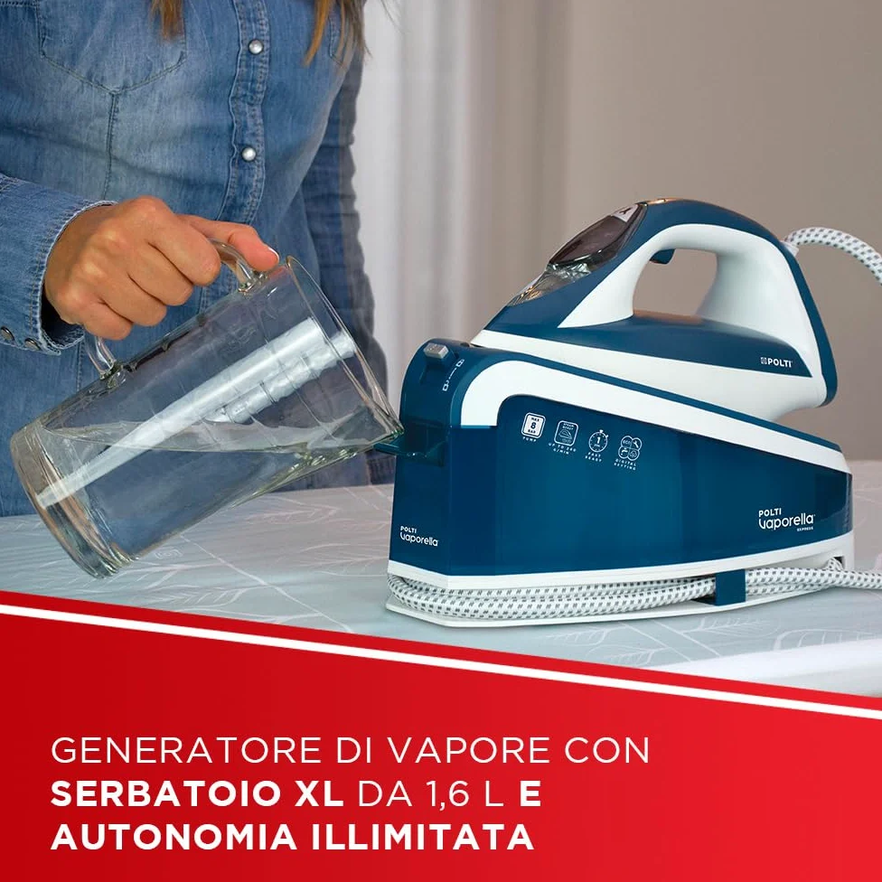 Polti Vaporella Express VE30.10, Ferro da Stiro Generatore di Vapore, Pressione Pompa fino a 8 Bar, Potenza 2200 W, Funzione Eco, Tecnologia One Temperature, Digital Setting, Blu e Bianco