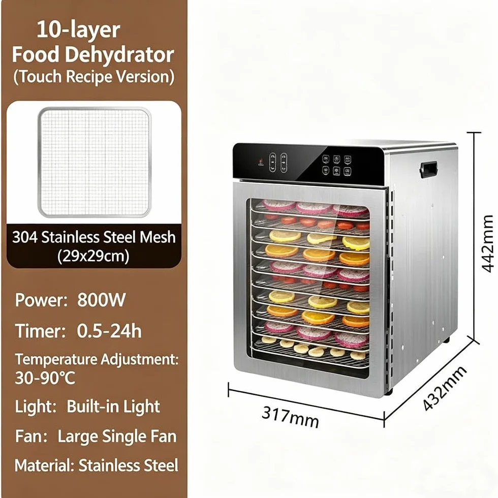 Essiccatore per Alimenti professionale 800W in Acciaio Inox, 10 Vassoi in Acciaio Inox, Grande Capacità, Display LED, Timer 24H, Temperatura Regolabile 30℃ – 90℃, per Carne, Frutta, Verdure(10 tray)
