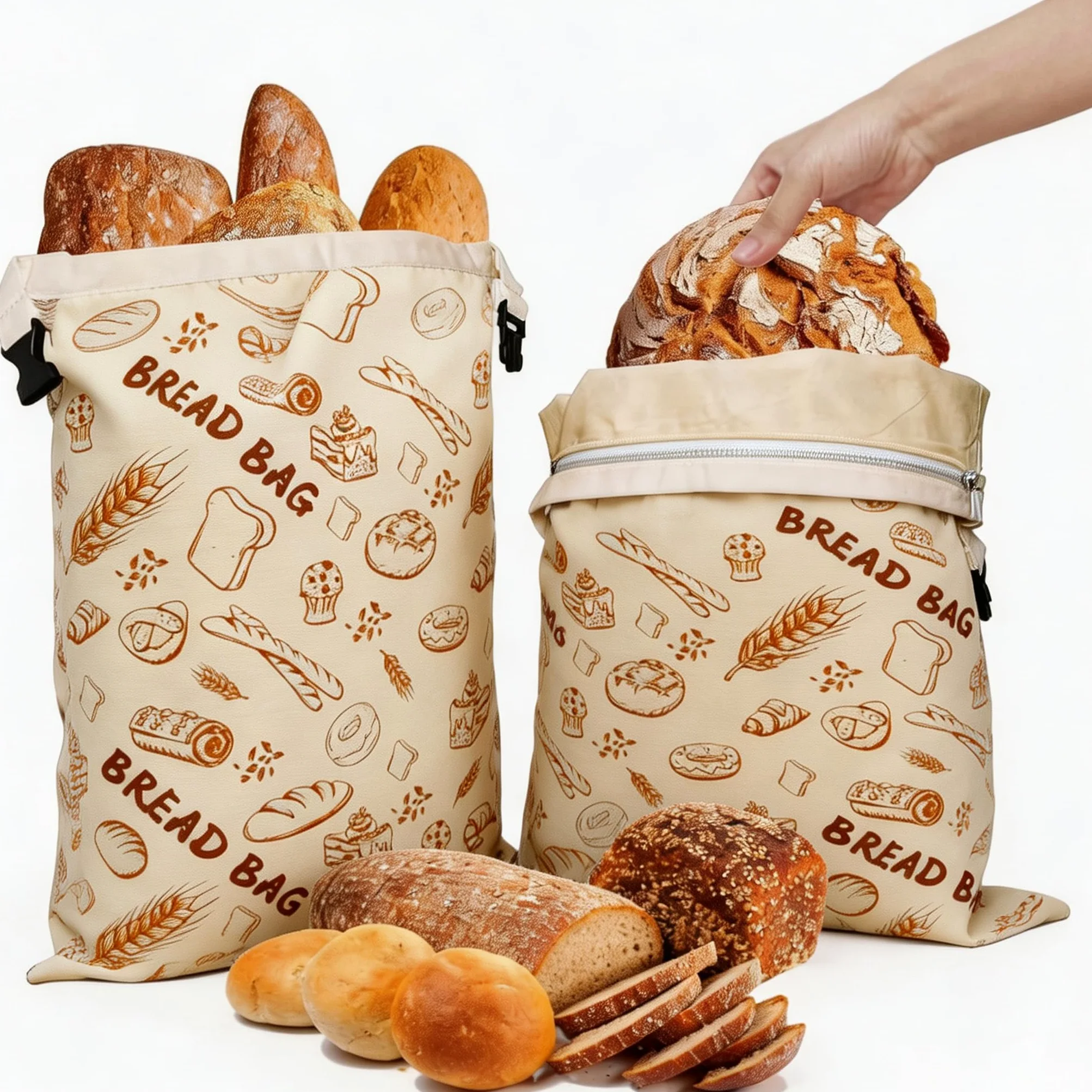 Sacchetti per pane in cera d'api riutilizzabili in cotone biologico per pane fatto in casa, 43 x 33 cm, in cera d'api naturale, ecologici, di grandi dimensioni, con cerniera, per pasta madre