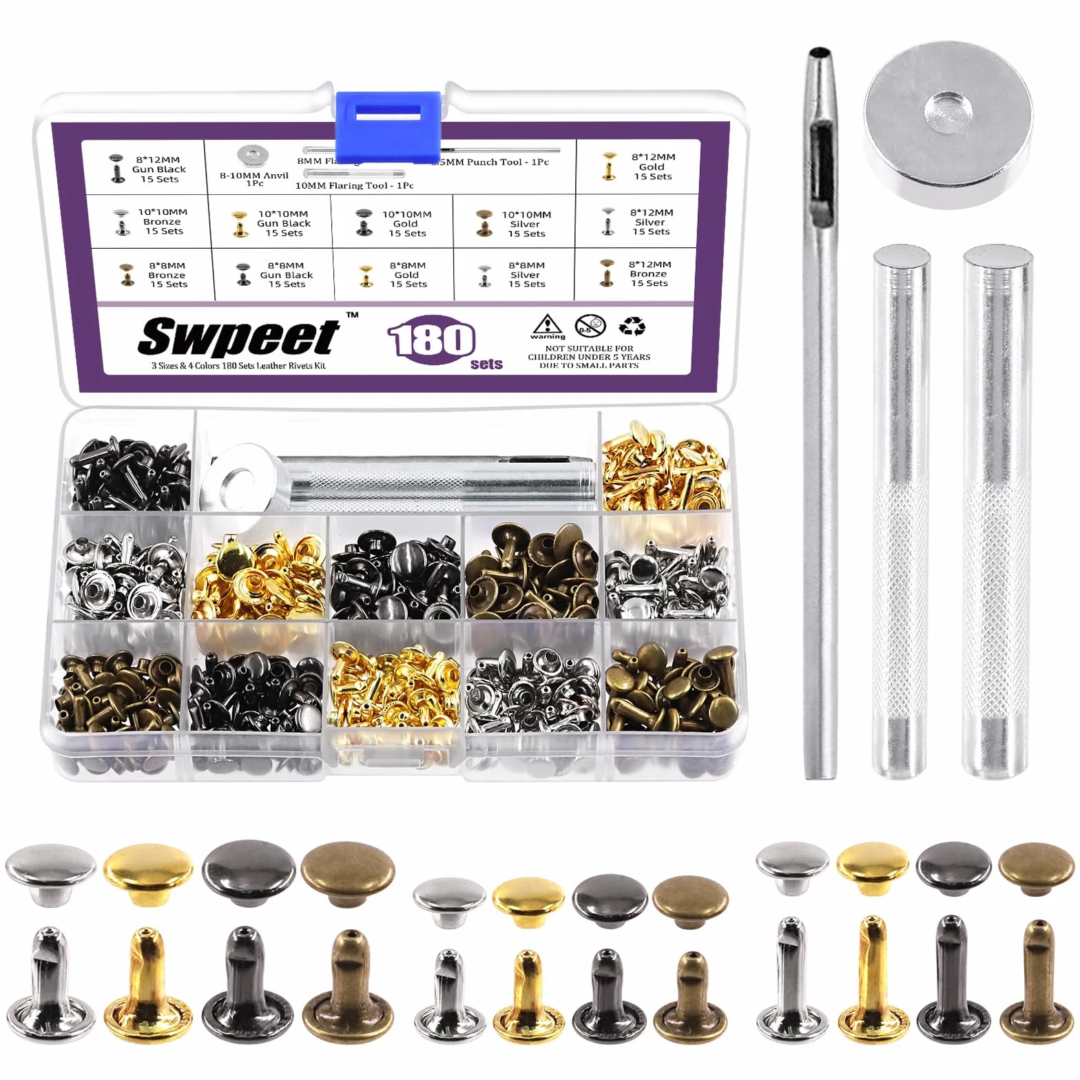 Swpeet 180 set 4 colori 8mm 10mm 12mm rivetti in pelle rivetti doppio cappello con 4pcs strumenti di fissazione Kit assortimento, rivetti in pelle rivetti doppio cappello tubolare per fai da te