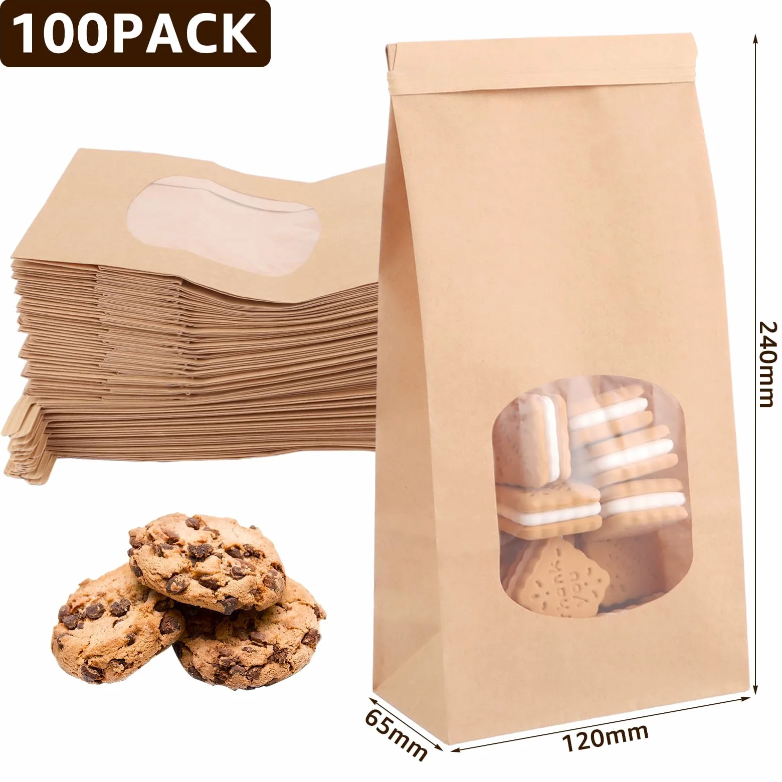 YAYODS 100 sacchetti di carta con finestra, 24 x 12 x 6,5 cm, sacchetti di carta kraft piccoli, sacchetti di carta marrone con chiusura, per biscotti, toast, panini, caramelle, chicchi di caffè