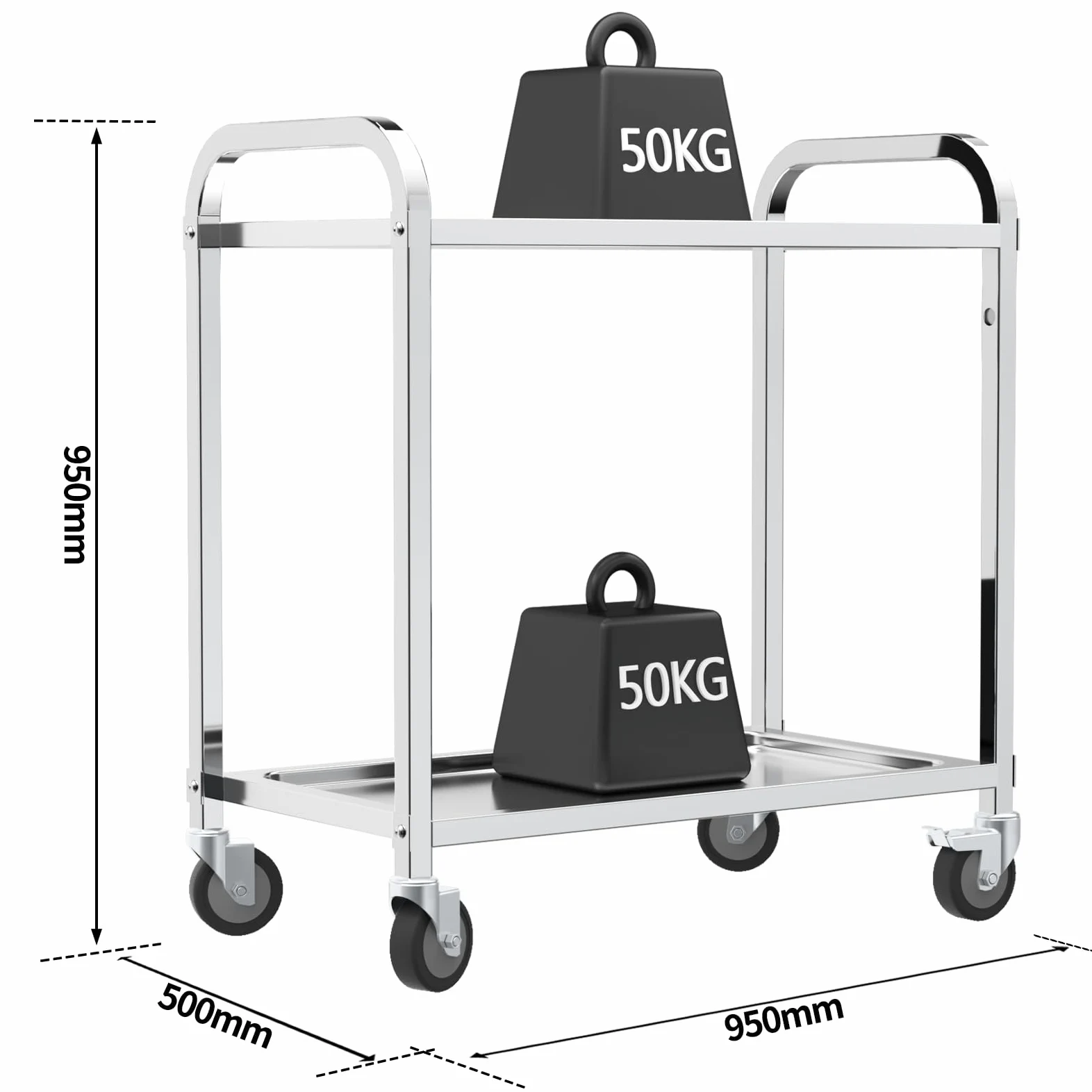 TAIMIKO Carrello di Servizio Carrello Portavivande Carrello Cucina con ruote in acciaio inossidabile a 2 ripiani 95 x 50 x 95 cm