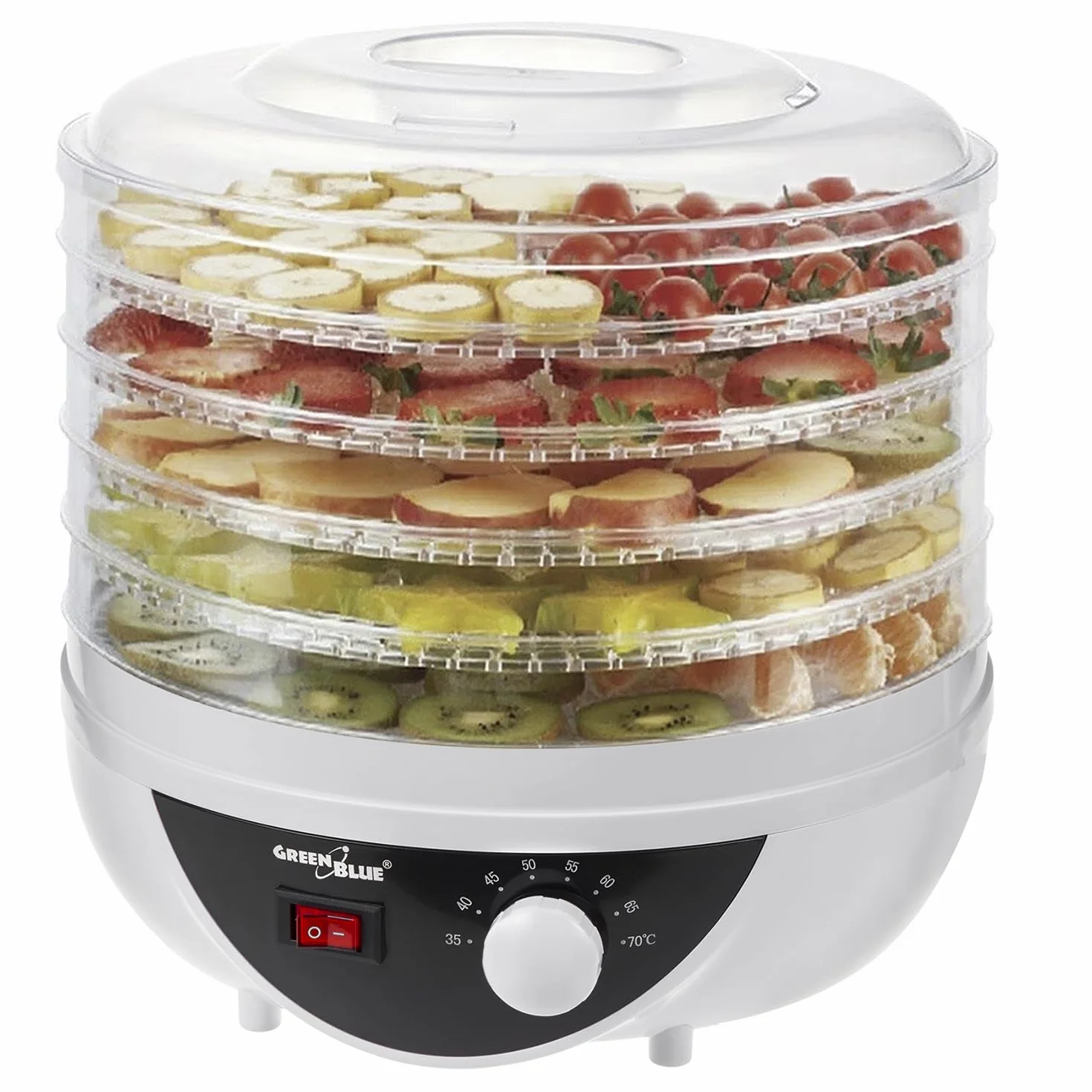 Green Blue GB195 Essiccatore alimentare per funghi, verdure e frutta, erbe 250W, extra silenzioso, 5 setacci Diametro 27 cm Temp regolabile