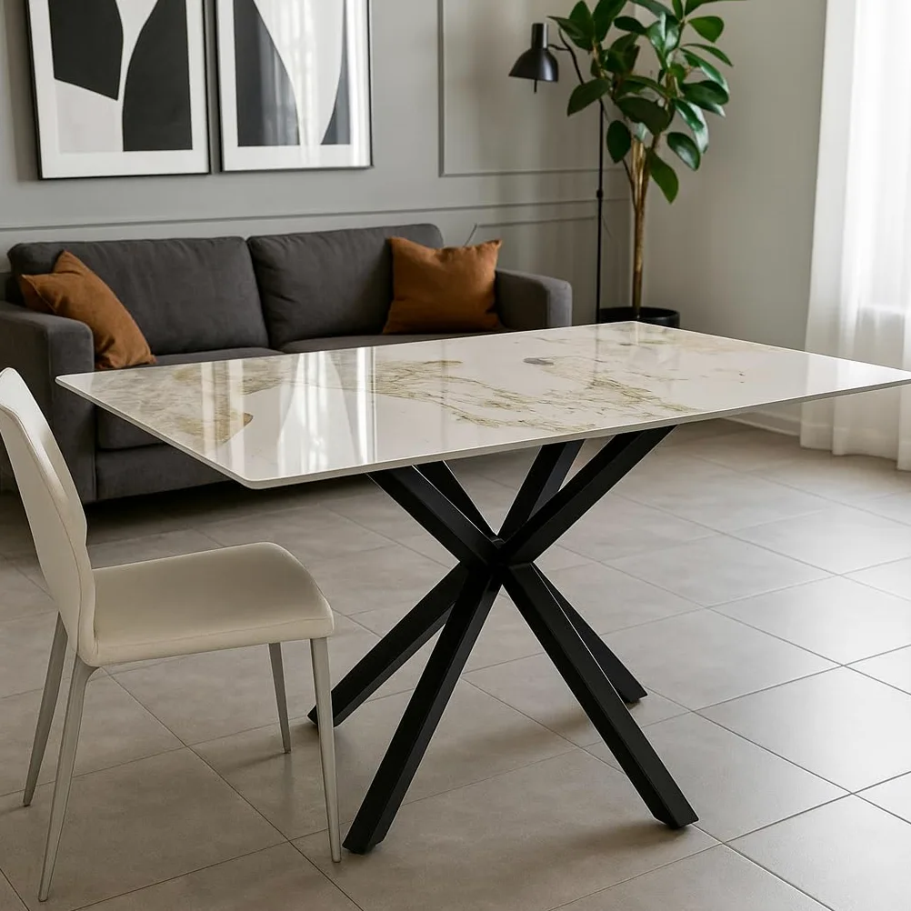 Tavolo da Pranzo in Ceramica Gres Porcellanato 150x90 cm – Piano Lucido Antigraffio Antimacchia – Gambe Incrociate Ferro Verniciato Nero – Finitura Pandora o Calacatta Bianco Marmo