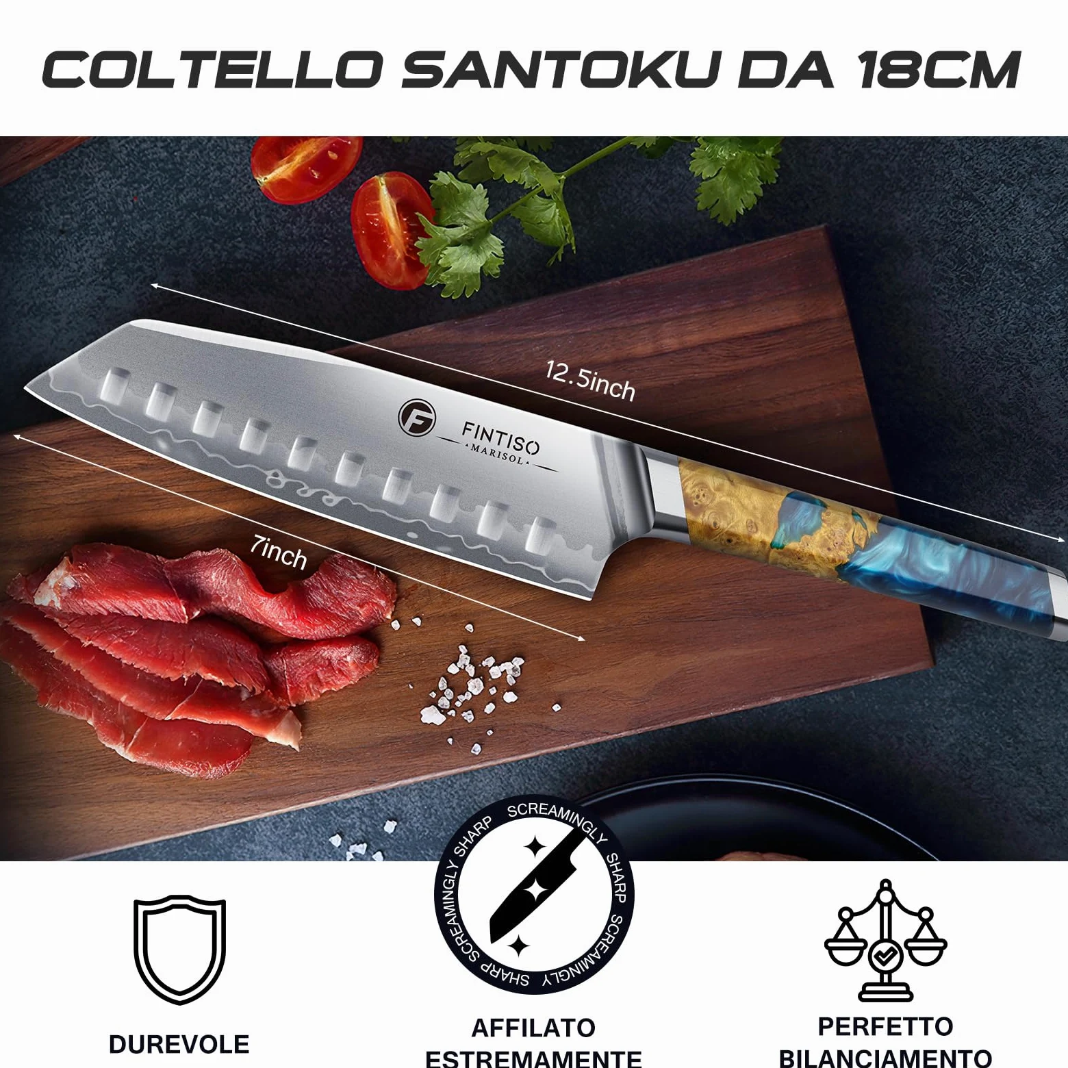FINTISO Coltello Santoku da 18 cm, Coltello da Chef Giapponese Ultra Affilato con Nucleo in Acciaio in Polvere S35VN, 7 Strati di Acciaio Laminato, Manico in Resina Celeste e Legno Stabilizzato