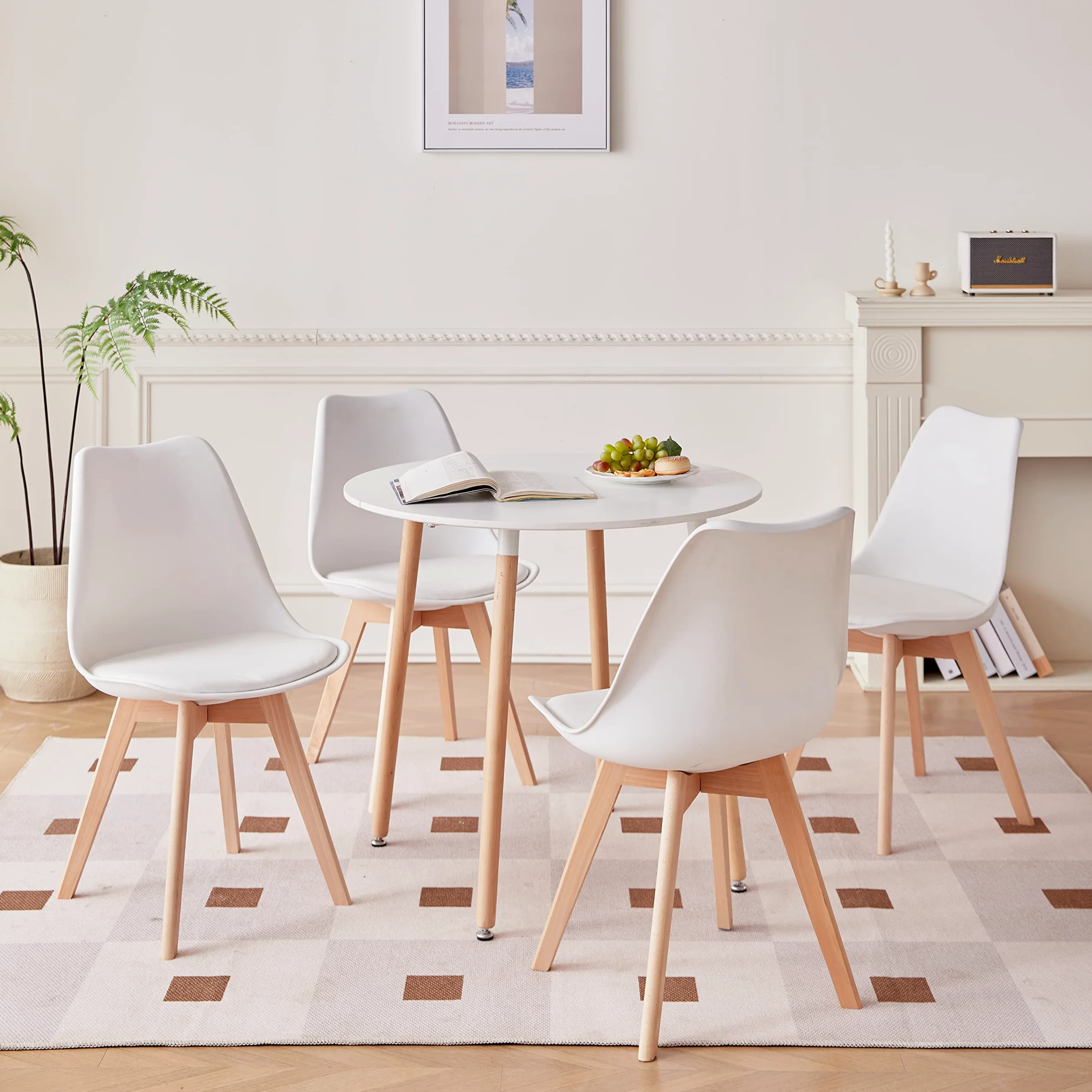 Sedie Sala da Pranzo, Set di 4 Sedie, Gambe in legno massello, Design Nordico Ergonomico, Sedie Cucina, Sedie Moderne (Bianco-4)
