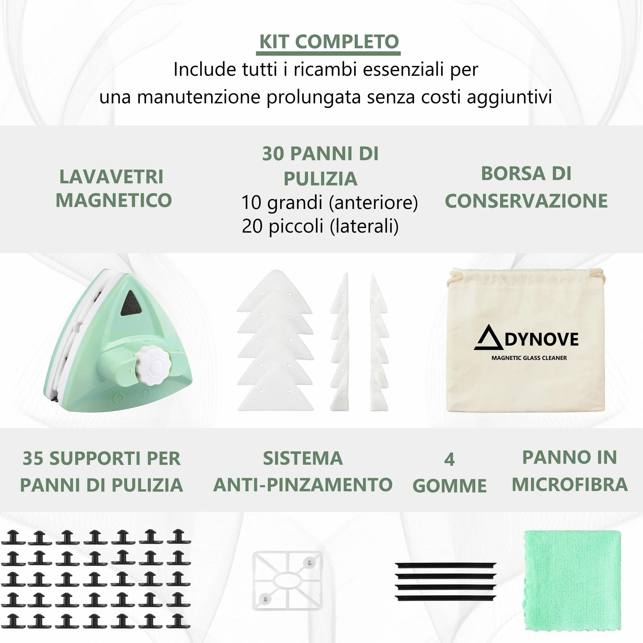 Lavavetri Magnetico per Doppio Vetro Regolabile 5-25 mm - Pulisci Vetri Magnetico Doppio Vetro con 10 Livelli di Regolazione, 30 panni di Pulizia, 4 Gomme, 1 Panno in Microfibra e 1 Borsa
