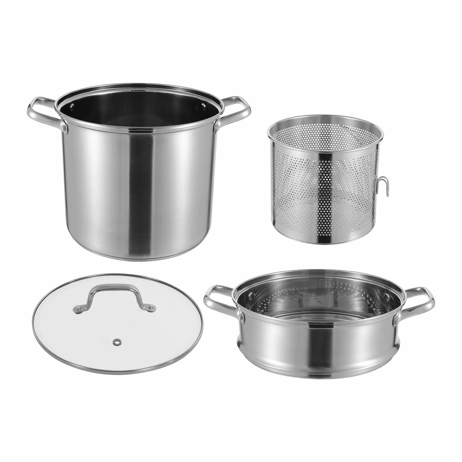 OUKANING Pentola per asparagi e pasta, 8 l, Ø 28 cm, altezza 36 cm, con colino per asparagi, alta con coperchio in vetro, per pasta, patate, verdure