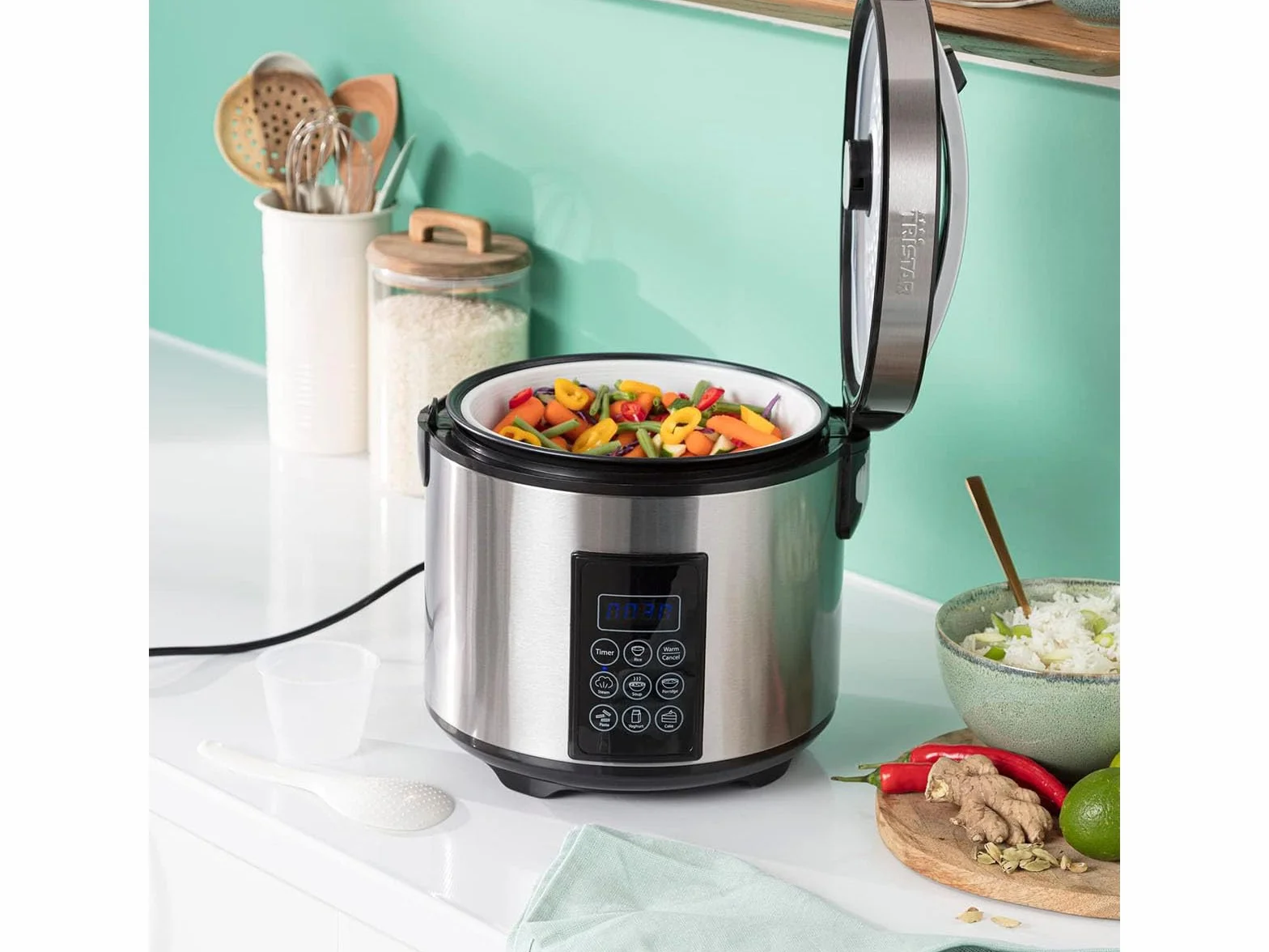 Tristar Cuociriso E Vaporiera XL 2,2 L 7 Programmi Pannello Digitale Timer BPA Free RK-6138
