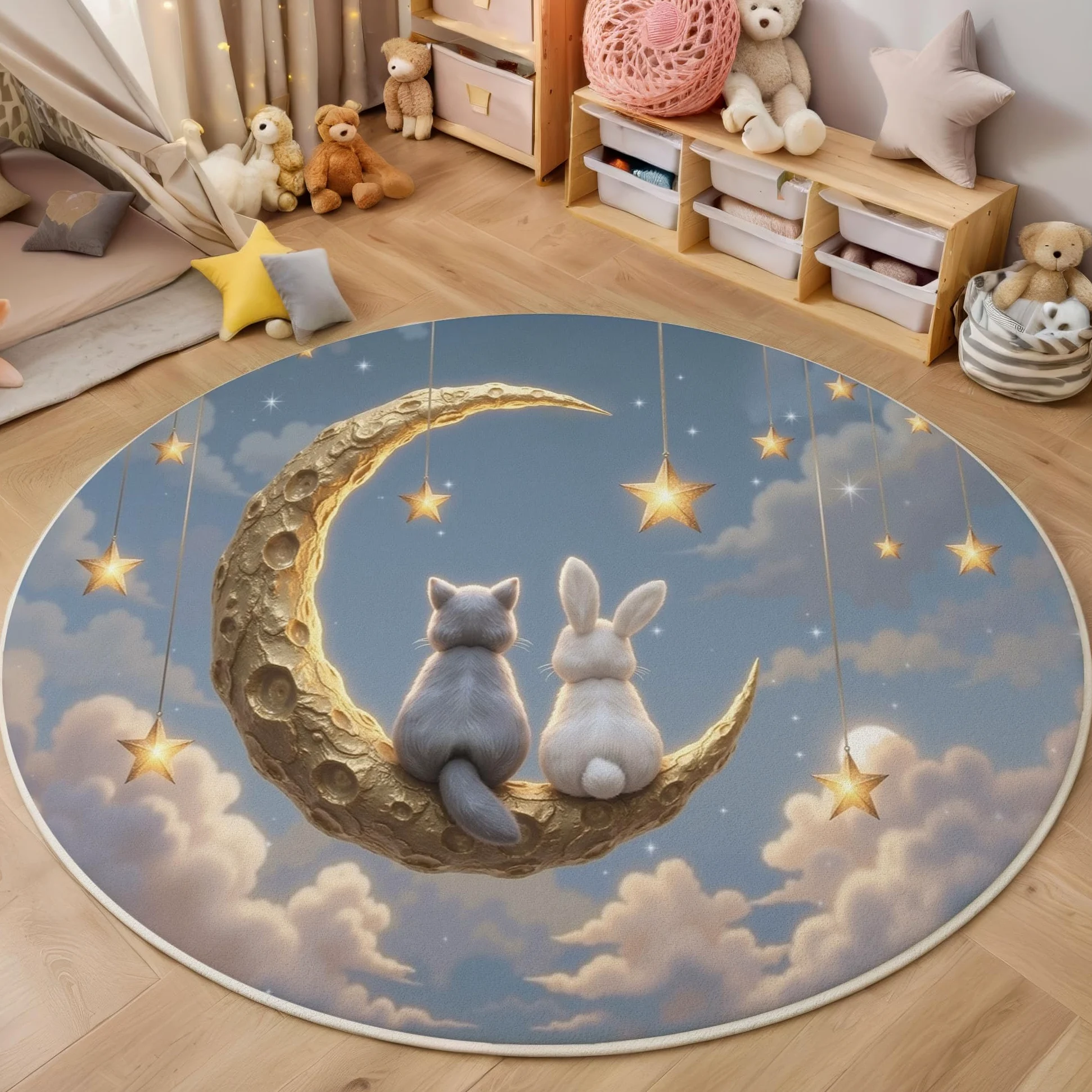 Tappeto Fiabe curative Tappeto Rotondo Antiscivolo | Tappeti Gatto Coniglio Luna 0 in Lana Sintetica Tappeti Morbido e Accogliente per Soggiorno,Cameretta e Studio 160cm