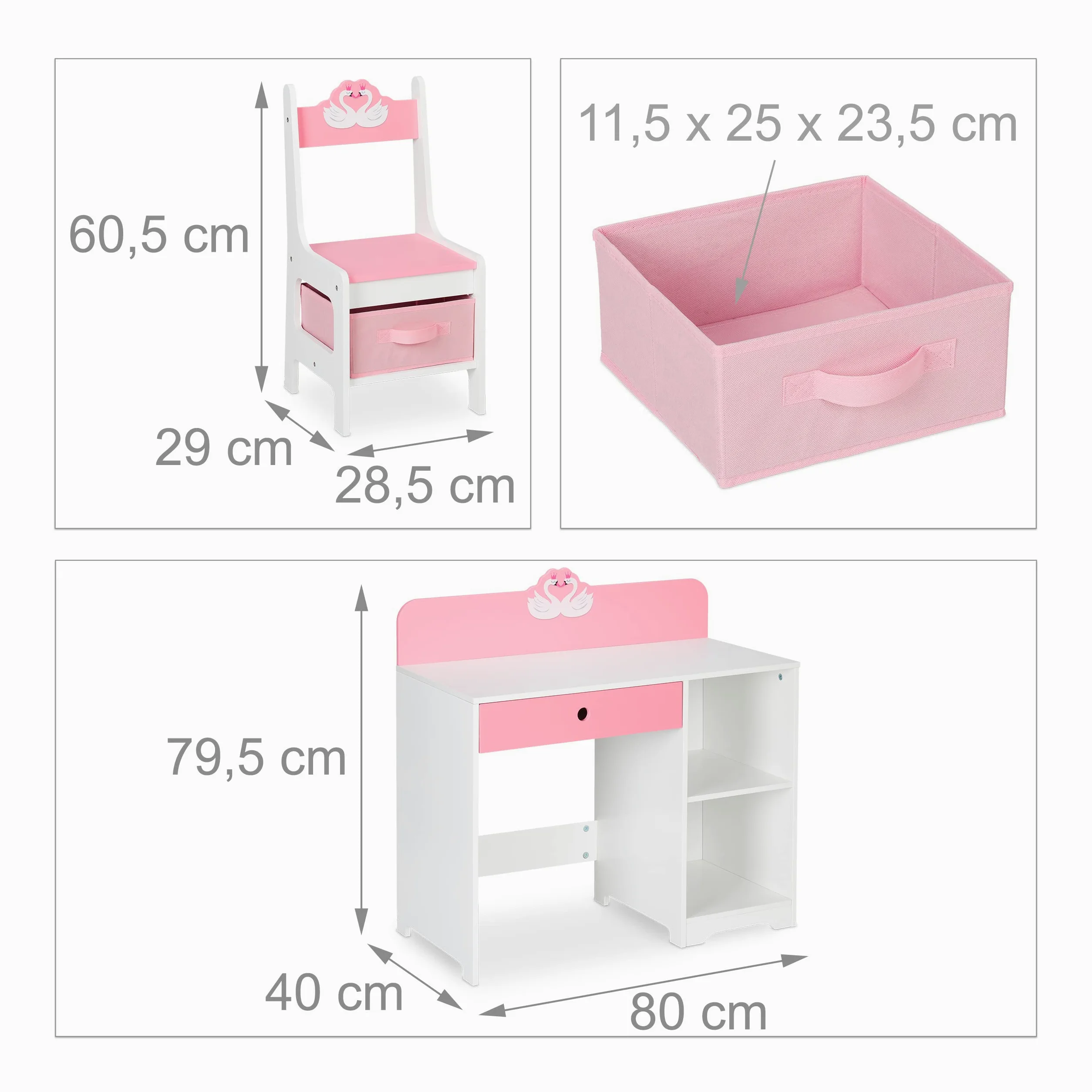 Relaxdays Scrivania e Sedia per Bambini, con Cassetto e 2 Ripiani Aperti, in MDF, Design Cigni Innamorati, Bianco Rosa