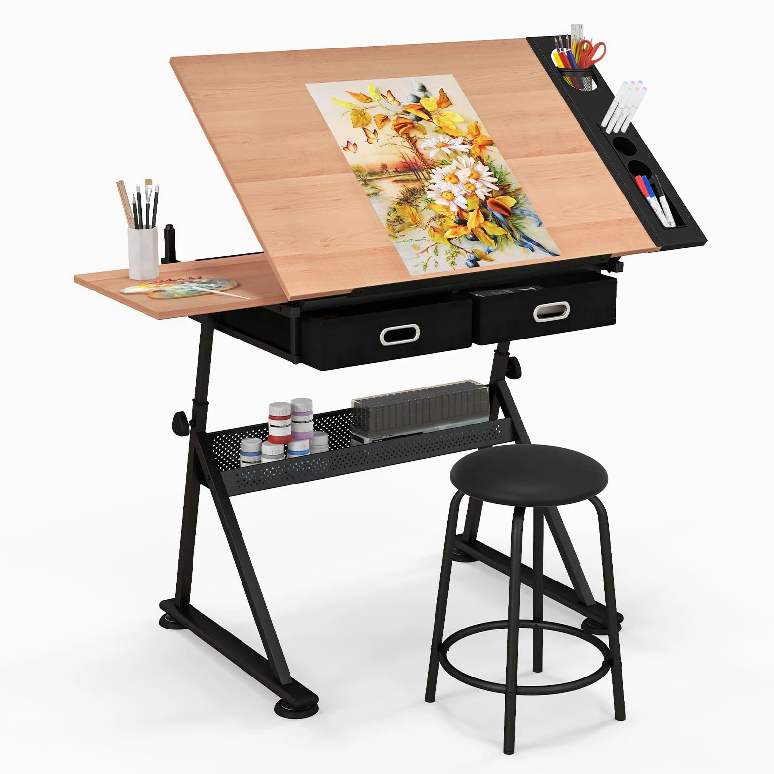 COSTWAY Tavolo da Disegno, Scrivania per Arte Inclinabile e Regolabile in Altezza con Sgabello, Cassetti, Portapenne e Ripiano, Ideale per Disegnatore, Pittore e Ingegnere (Naturale)