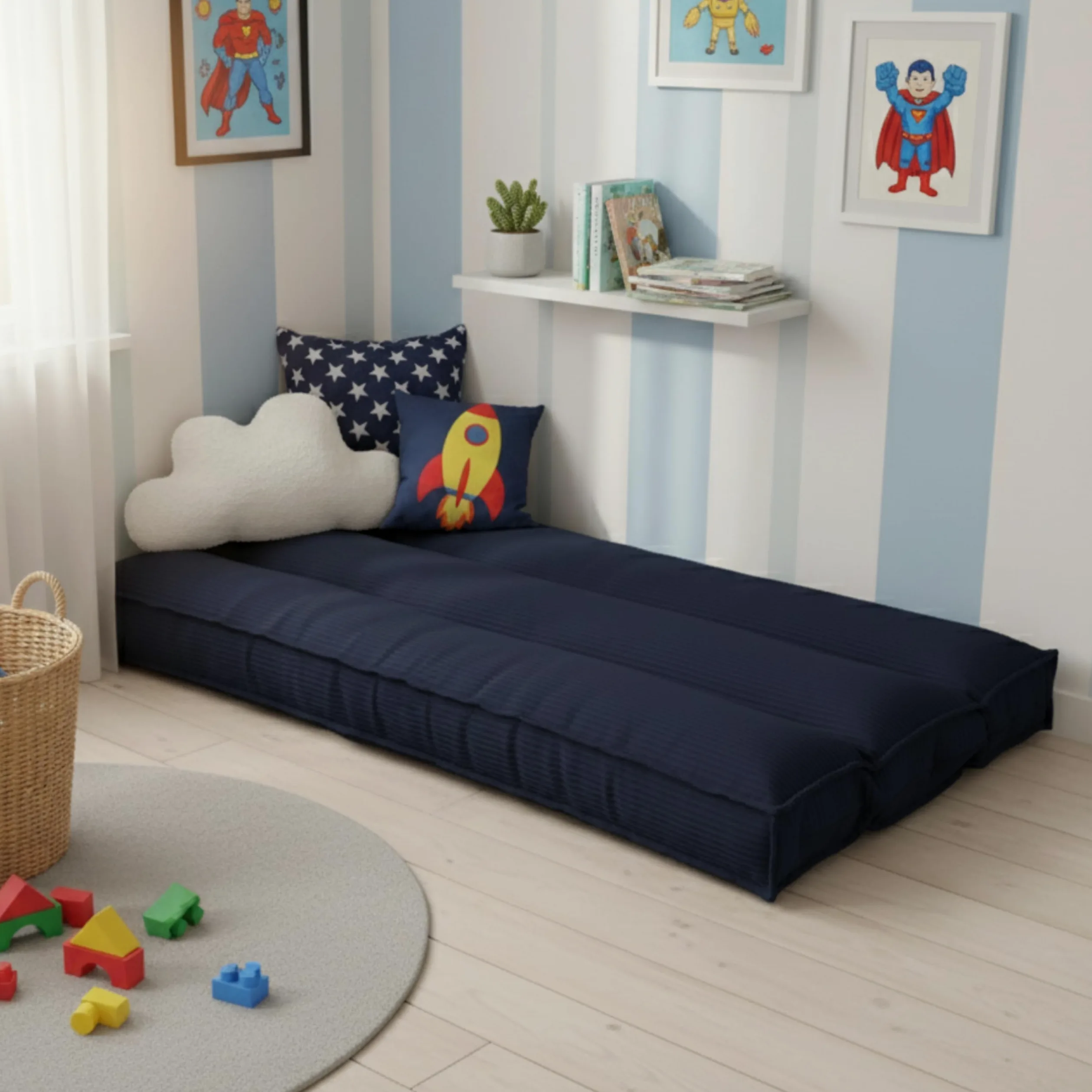 Futon Giapponese 1 Persona Comodo e Spesso, Prodotto in Francia, Sfoderabile, Ideale come Materassino Pieghevole, Tatami Giapponese–Letto Singolo, Cinghia di Fissaggio inclusa (90x190 cm, Blu Scuro)