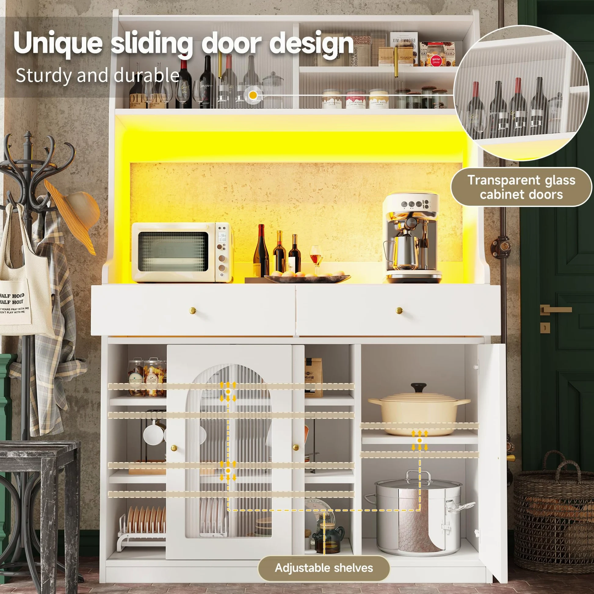 Armadio da cucina, mobile alto, armadietto a buffet con ripiani regolabili, armadio da pranzo con 2 cassetti, credenza con illuminazione a LED, colori luce variabile (bianco)