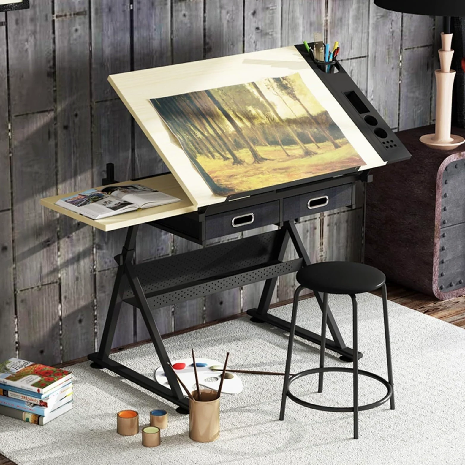 Set di Postazioni di Lavoro Art Craft Desk con Altezza E Angolazione Regolabili, Sgabello E Ampio Spazio di Archiviazione per Artisti, Architetti E Hobbisti.