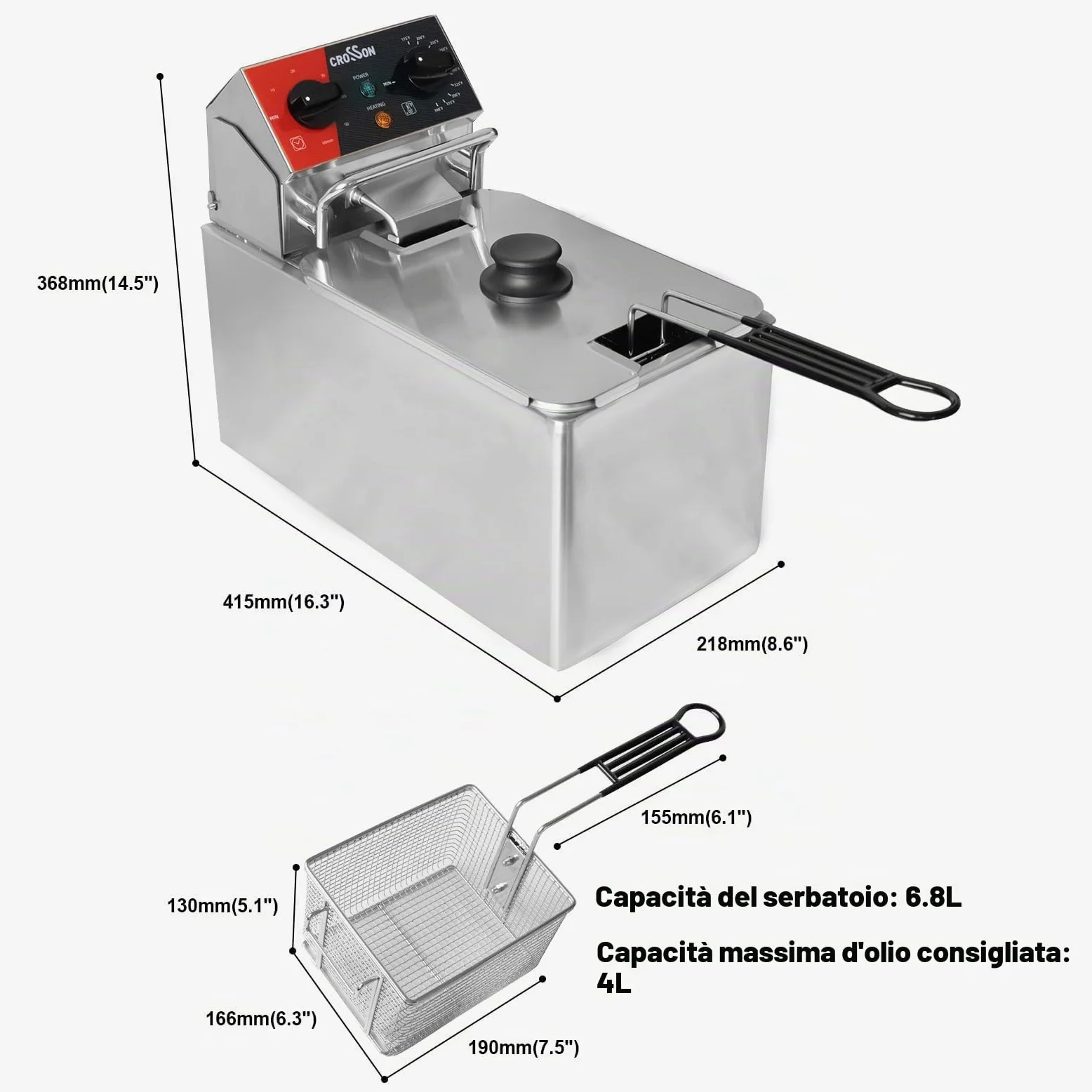 CROSSON Friggitrice Elettrica Professionale 4L 2000W Friggitrice a Olio Elettrica con Cestello e Coperchio,Riscaldamento Rapido,per Cucina Hotel Ristorante，serbatoio singolo da 4L