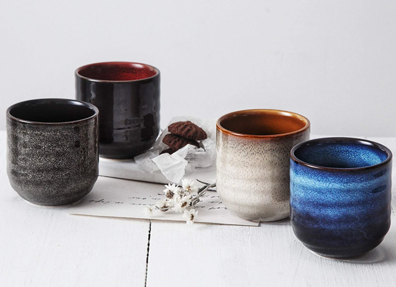 Ceramiczny zestaw do herbaty w stylu japońskim, 4 filiżanki (niebieski)