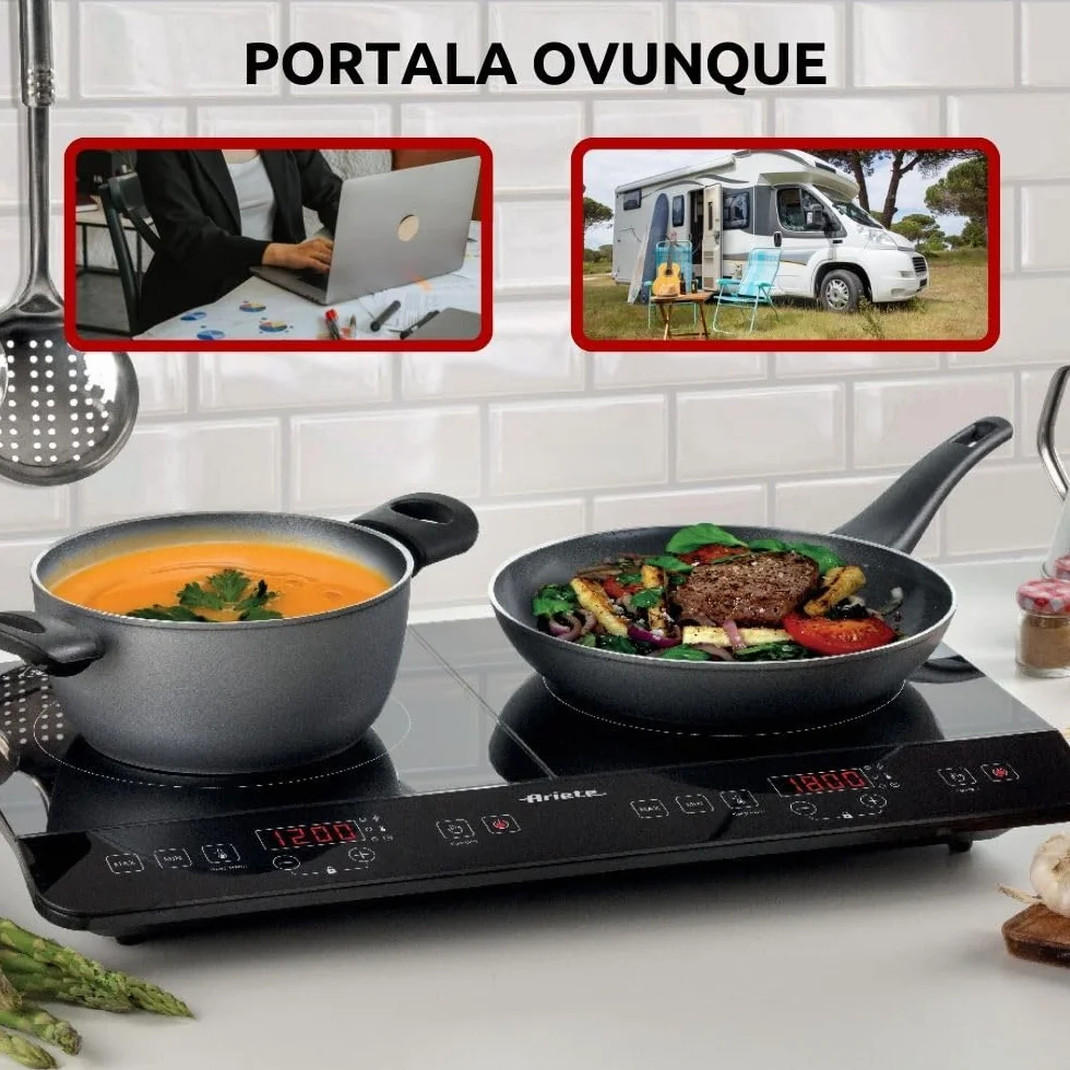 Ariete 1998 Piastra a induzione doppia portatile, Vetroceramica, 2000W+1500W, 12 livelli, Timer 4h, Sicurezza bambini, Nero