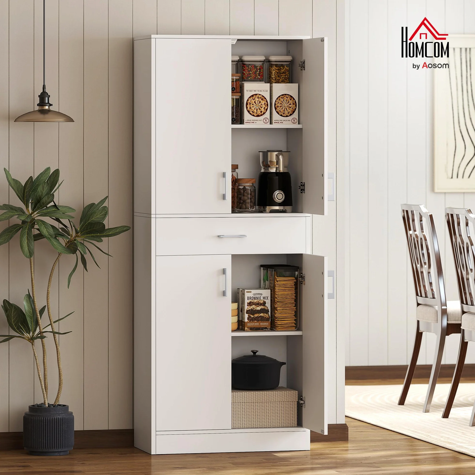 HOMCOM Credenza Cucina Alta, Mobile Dispensa con 2 Armadietti e Cassetto Grande, Mobile Cucina con Ripiani Regolabili, per Sala da Pranzo, Soggiorno, Salotto, 70.8x34x180 cm, Bianco