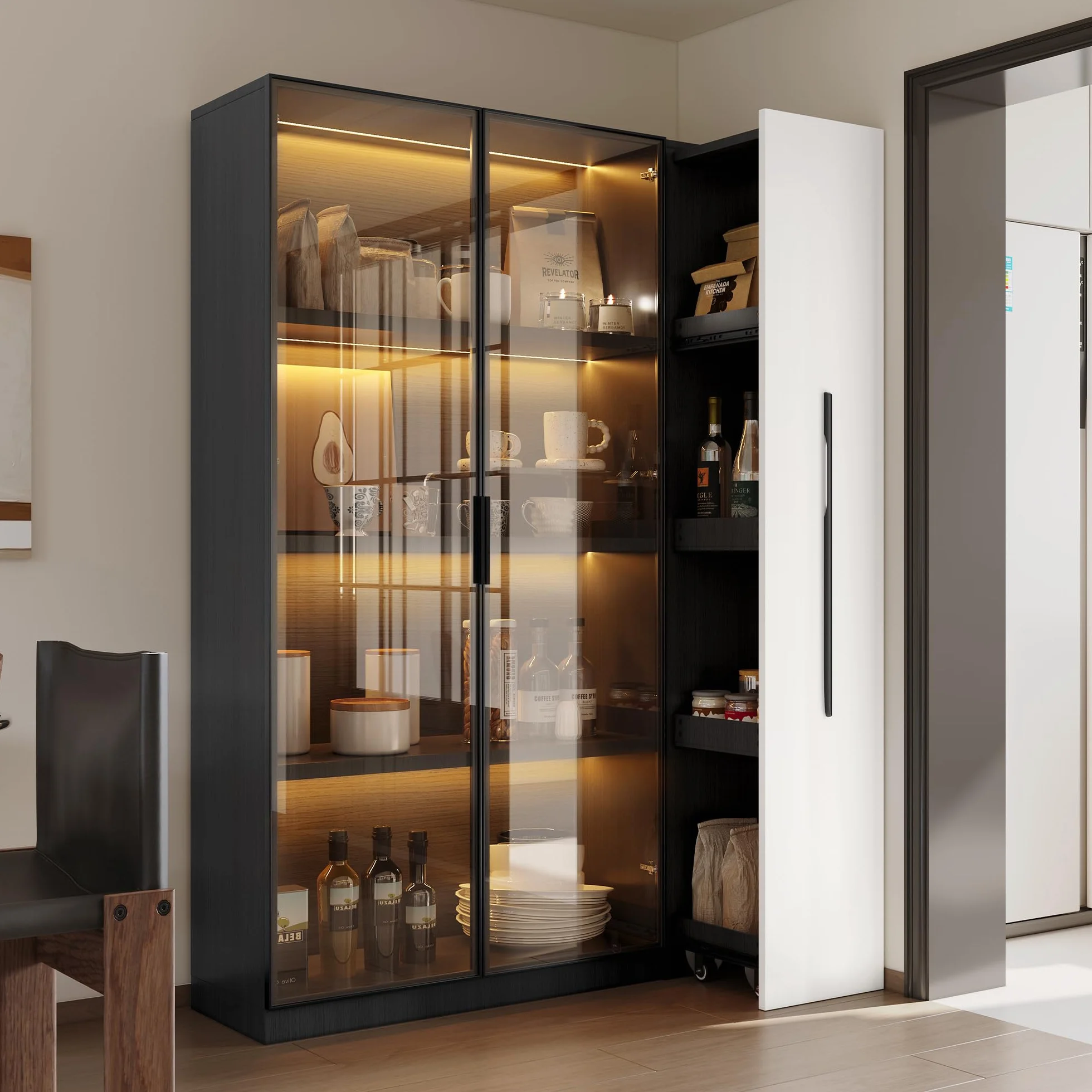 Armadio multifunzione/alto/da sala da pranzo 110,5 x 35 x 160 cm, vetrina con anta in vetro e LED, estensione laterale, design in bianco e nero, stile moderno, (nero, 110,5 x 5 x 160 cm)