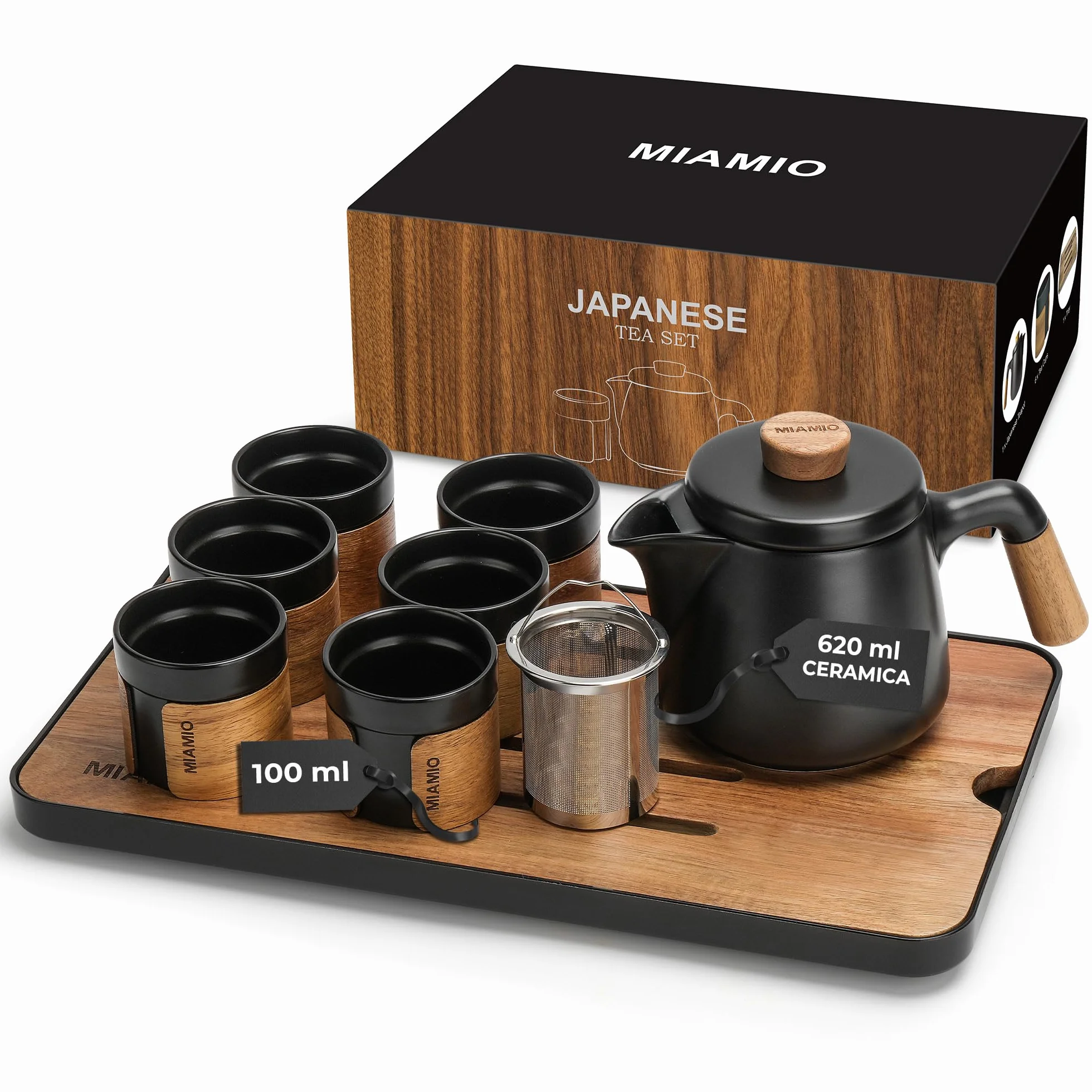 Set da tè giapponese 6 tazze 100 ml teiera 620 ml con infusore tradizionale Nero